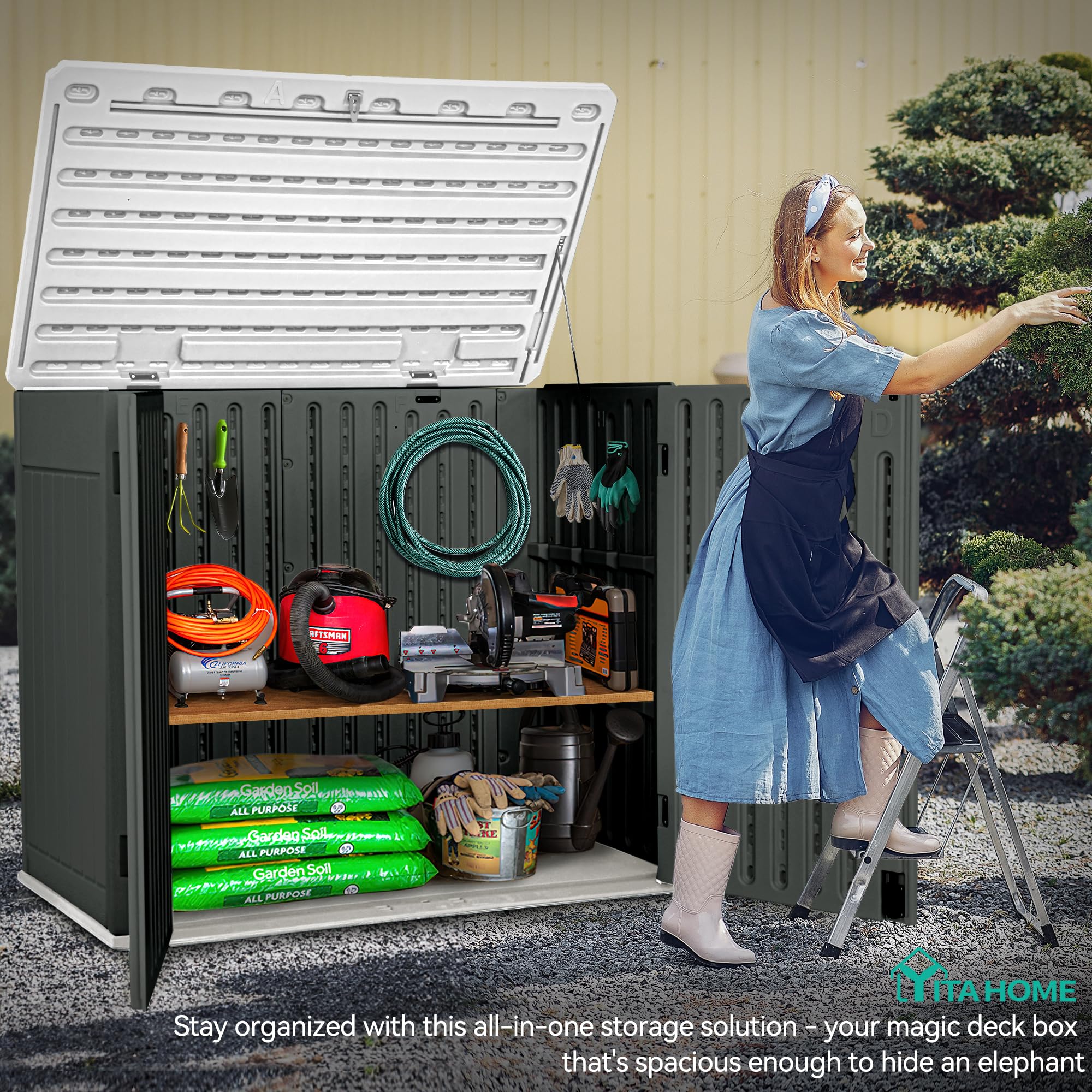 YITAHOME 4.5x4ft Extra Large Outdoor Storage Shed - Waterproof Resin Tool Shed for Garden Tools, Lawn Mowers & Trash Cans - Easy Assembly, Lockable Dark Gray Horizontal Shed - Perfect for Backyard, Garage & Patio Organization