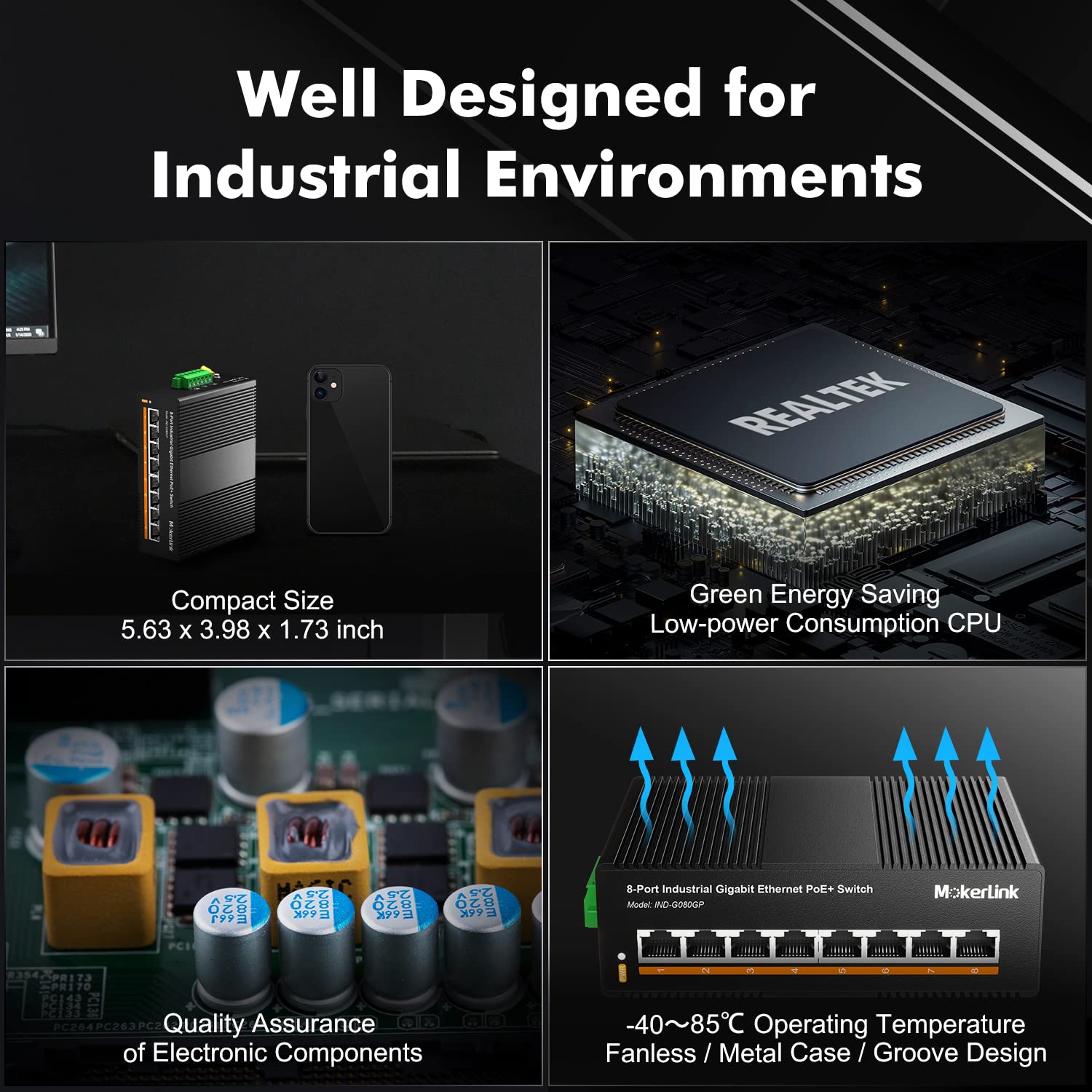 MokerLink 8 Port PoE Gigabit Industrial DIN-Rail Ethernet Switch | 96W PoE+ Power | 16Gbps Switching Capacity | IP40 Rated Unmanaged Network Switch | Wide Temperature Range (-40°F to 185°F) | Includes Power Supply | Ideal for Industrial Automation, Security Systems & Harsh Environments