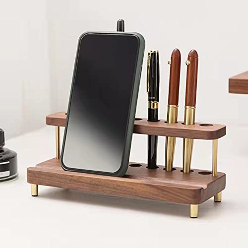 Premium Walnut Wood & Brass Pen Holder - Elegant Desk Organizer for Pencils, Pens & Office Supplies | Stylish iPad & Phone Stand | Unique Home & Office Decor | Perfect Gift Idea for Professionals & Students | Ideal for Workspaces, Study Desks & Gift Giving
