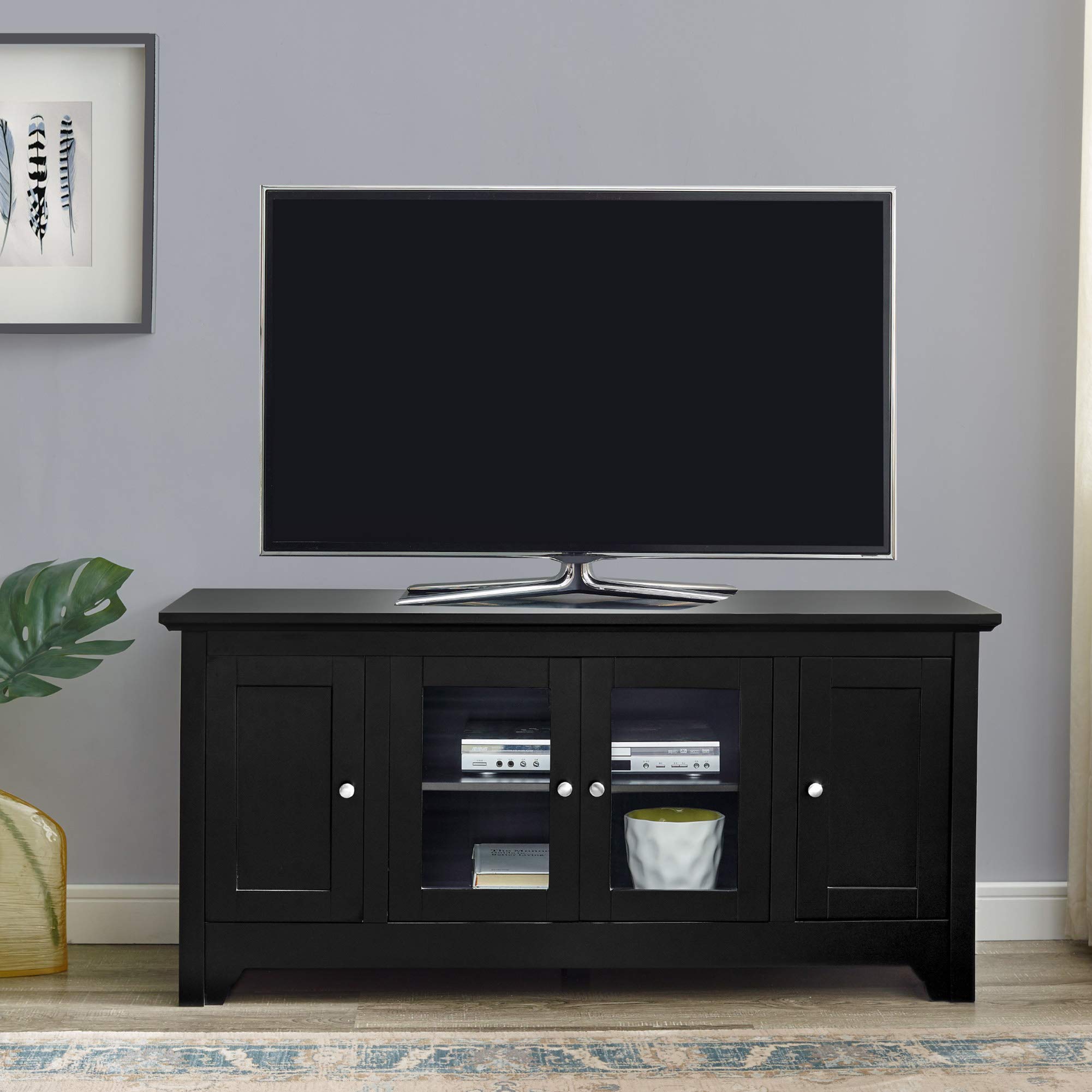 Walker Edison 52 Inch Black Universal TV Stand with Storage Cabinets for TVs up to 58