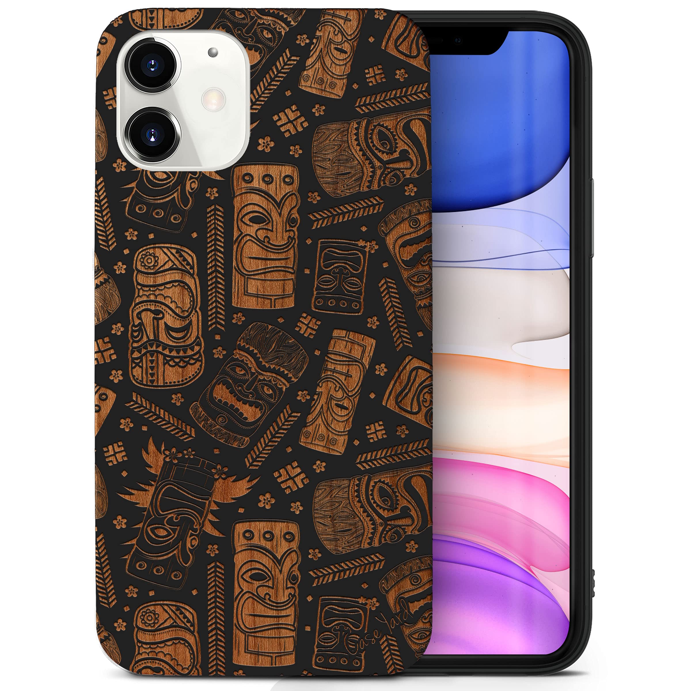 CaseYard Wood Phone Case for iPhone 12 Mini - Laser Engraved Mask Design, Black Wood Protective Shockproof Slim Fit Cover for Men & Women | Perfect for Daily Use, Travel & Outdoor Activities