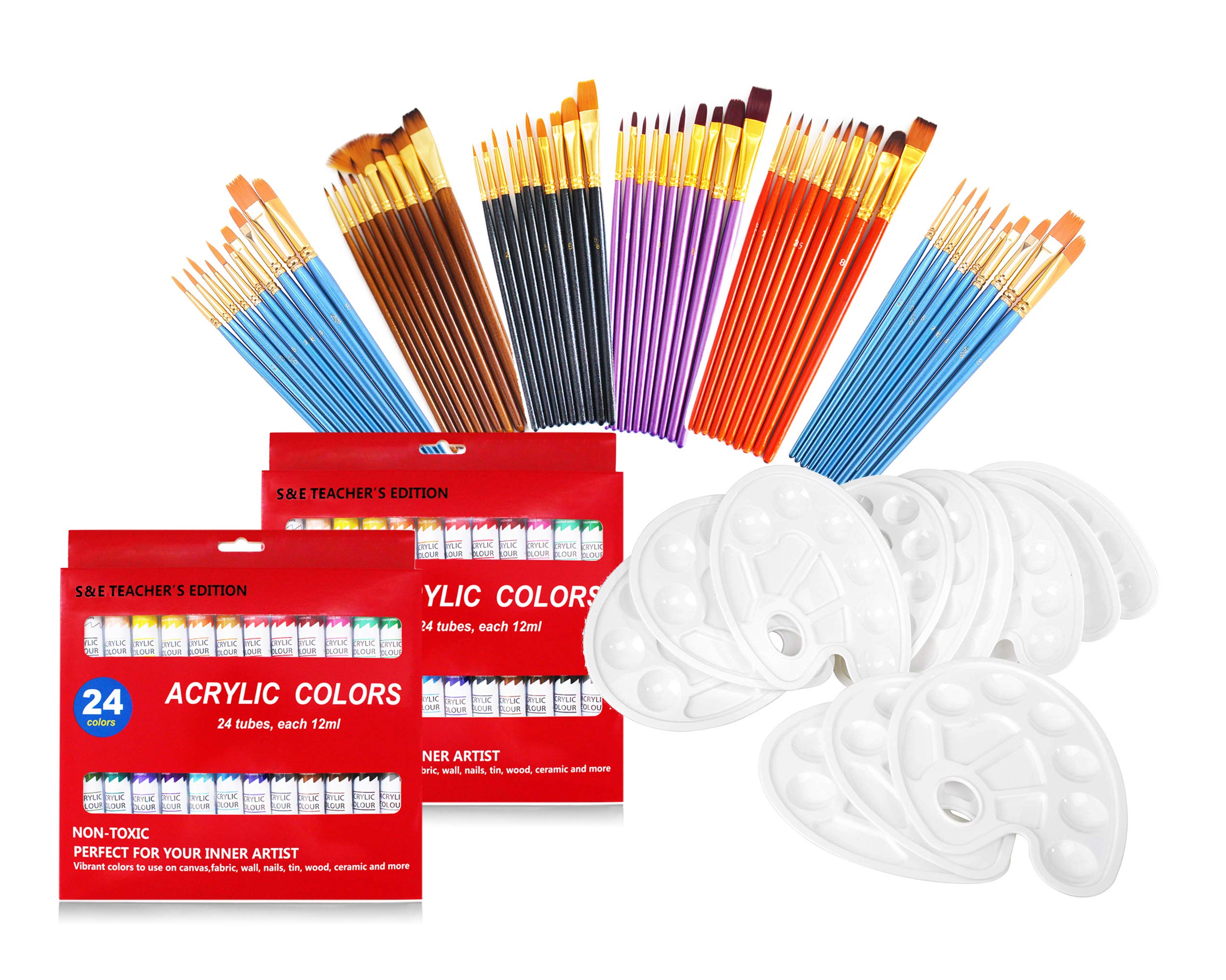 120-Piece Bulk Paint Brushes Set with 60 Brushes, 48 Acrylic Paints & 12 Palettes - Complete Art Painting Kit for Kids & Adults - Perfect for Canvas Painting, DIY Crafts & School Art Projects