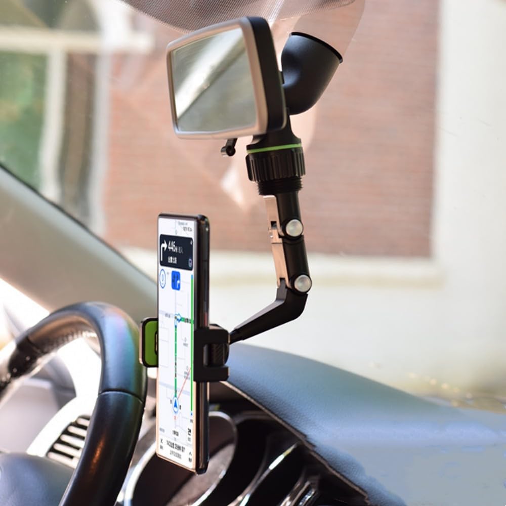 Rotating Grip Cell Phone Holder for Car - 360° Adjustable Rearview Mirror Phone Mount, Universal Smartphone Stand for iPhone, Samsung, Google Pixel - Perfect for Hands-Free Navigation & Video Calls While Driving (Black)