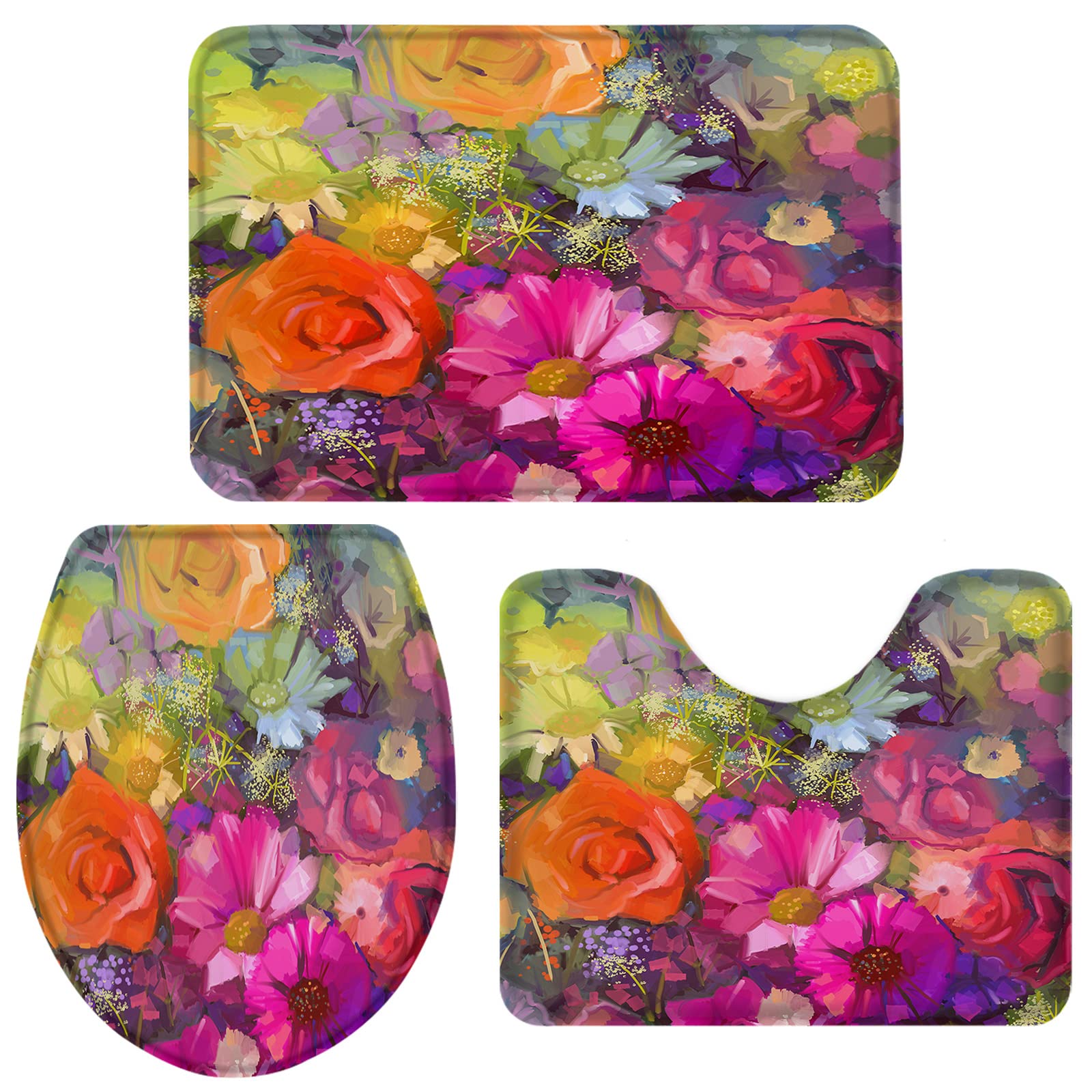 Non-Slip 3-Piece Bath Rug Set with U-Shaped Contour Mat & Toilet Cover - Floral Design Bathroom Mats for Shower, Tub & Floor - Soft Absorbent Cotton Doormats for Bathroom Safety & Decor
