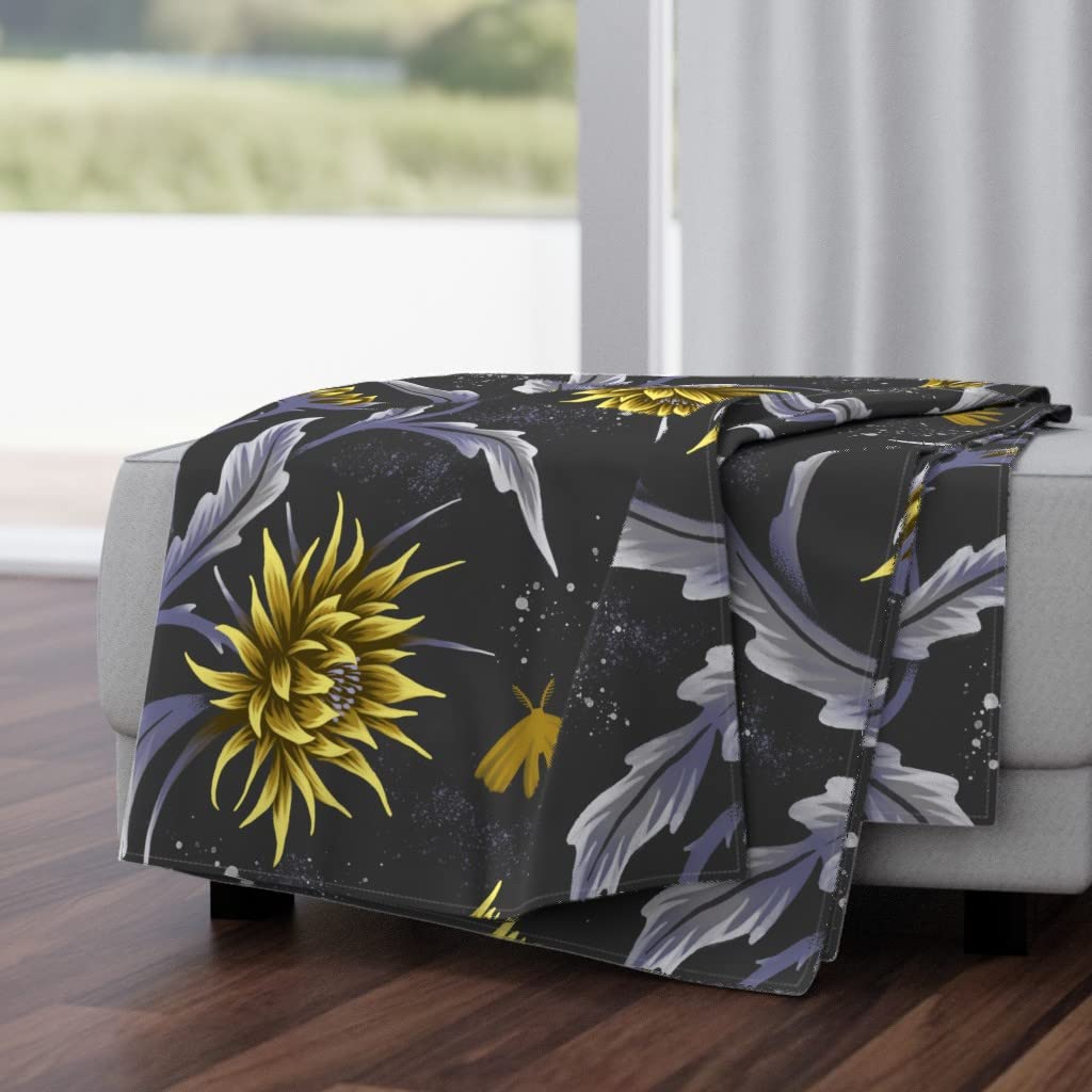 Luxe Velvet Throw Blanket 50x70 Inches - Floral Moon Moth Star Leaves Pattern in Grey & Yellow | Soft Decorative Couch Blanket for Living Room, Bedroom & Gift Giving
