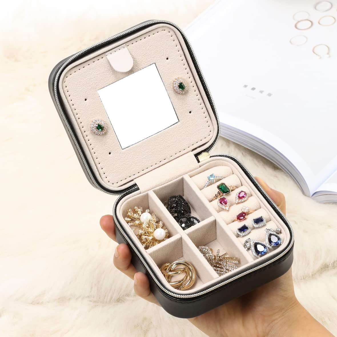 Portable Travel Jewelry Organizer Box with Mirror - Small Jewelry Storage Case for Rings, Earrings & Necklaces - Compact Display Organizer for Women (4-Pack, Black) - Perfect for Travel, Home & Gifts