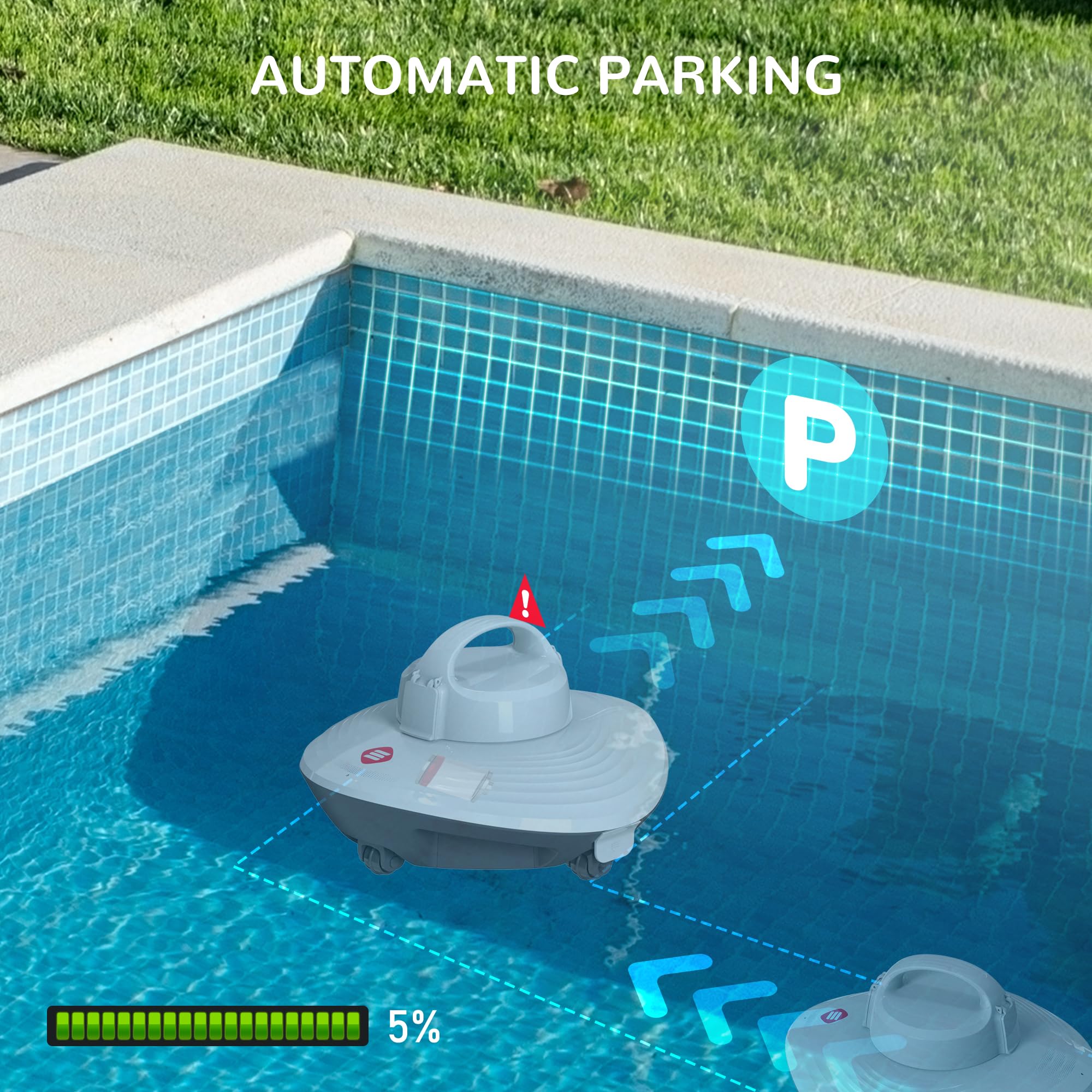 Cordless Robotic Pool Cleaner - Automatic Self-Docking Underwater Vacuum with Strong Suction for Above Ground & In-Ground Swimming Pools | Top Handle Design in White & Grey | Perfect for Weekly Pool Maintenance and Debris Removal