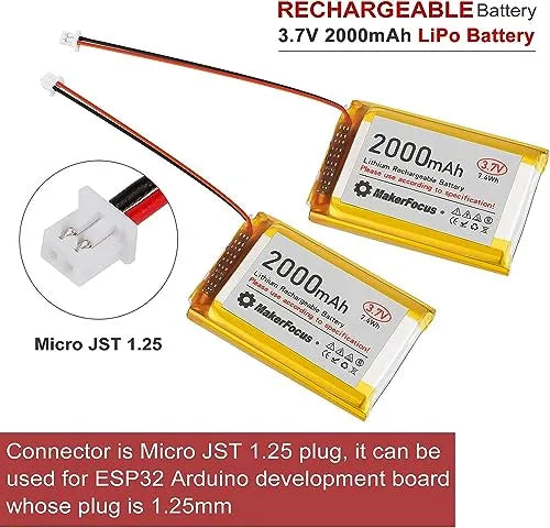 3.7V 2000mAh 1S Lipo Battery with Protection Board - Rechargeable Lithium Battery Pack for Arduino, NodeMCU, ESP32 (4pcs) - Includes Micro JST 1.25 Plug & Rubber Insulation Tape | Perfect for DIY Electronics, Robotics & RC Projects