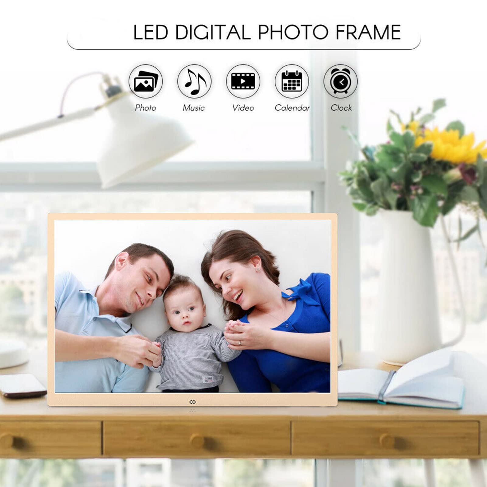 15 Inch Digital Photo Frame - Ultra Thin HD Display with SD Card Slot & HDMI, 16GB Built-in Storage, 13 Languages, Remote Control - Perfect for Home Decor, Office Display & Gift Giving (Rose Gold)