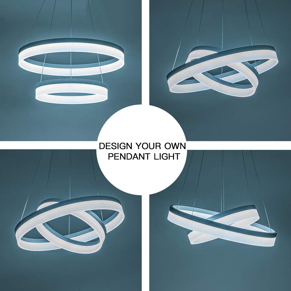 Modern LED Silver Chandelier - 2 Ring Dimmable Pendant Light Fixture, 6000K Cool White for Living Room, Bedroom, Kitchen Island, Restaurant & Dining Room | Elegant Lighting for Home Decor & Commercial Spaces