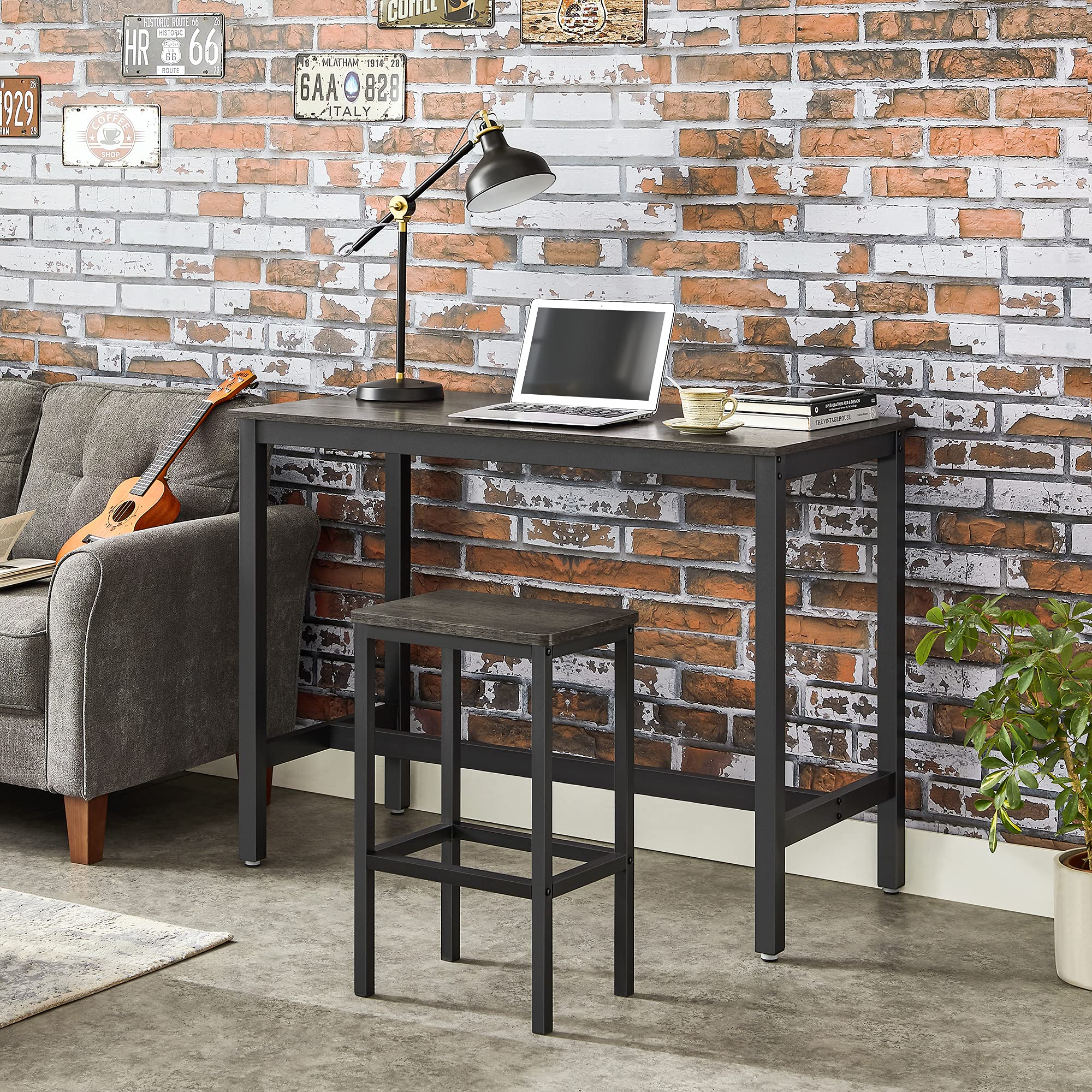 VASAGLE Industrial Bar Stools Set of 2 - Adjustable Height Kitchen Counter Stools with Footrest, Charcoal Gray & Black Metal Bar Chairs for Breakfast Nook, Living Room, Party Room & Home Bar Decor - ULBC065B04
