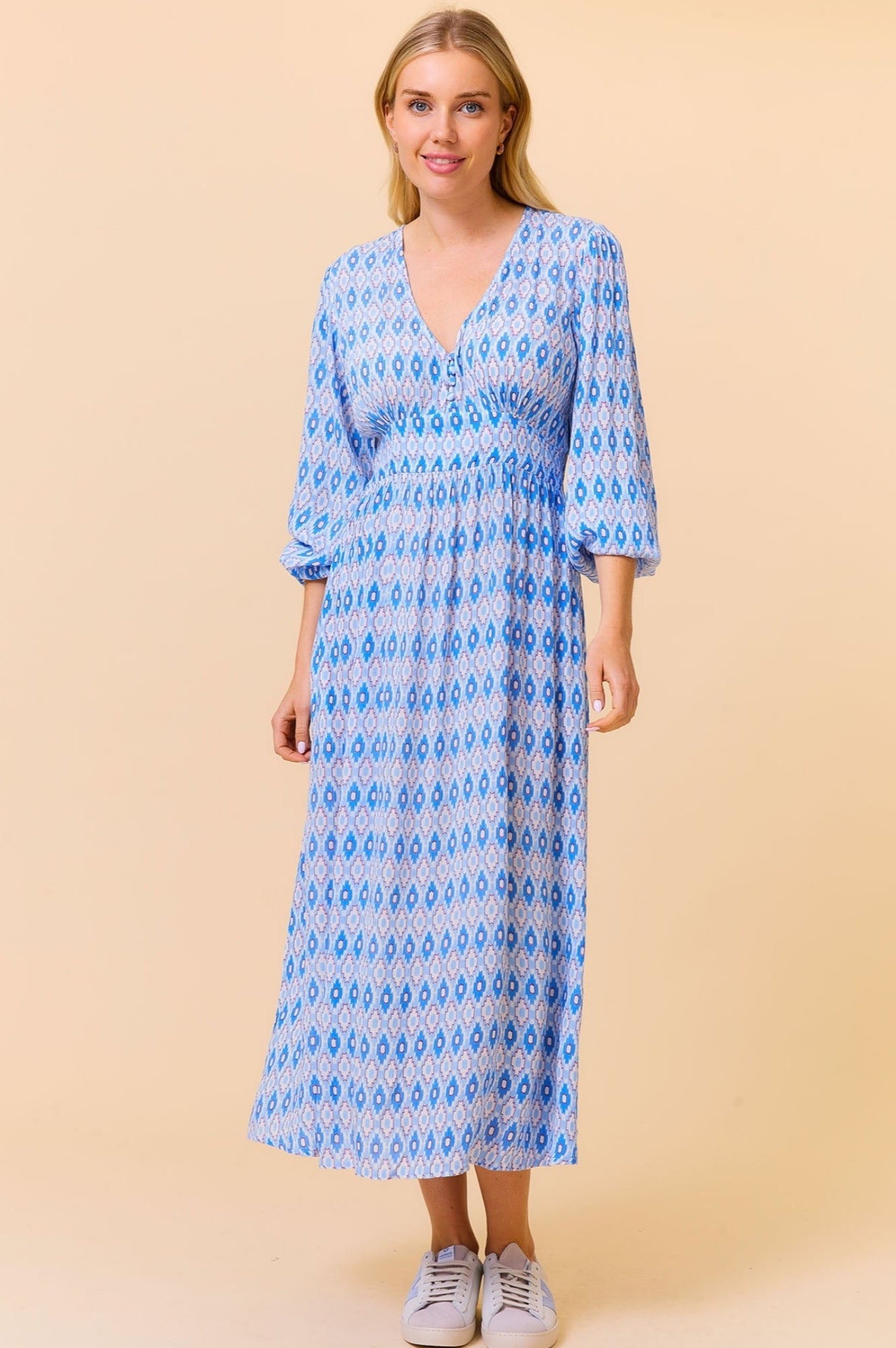 Camila Dress - Aztec Print Light Blue & Red Floral Maxi Dress for Women | Boho Chic Summer Dress for Beach, Vacation & Casual Wear