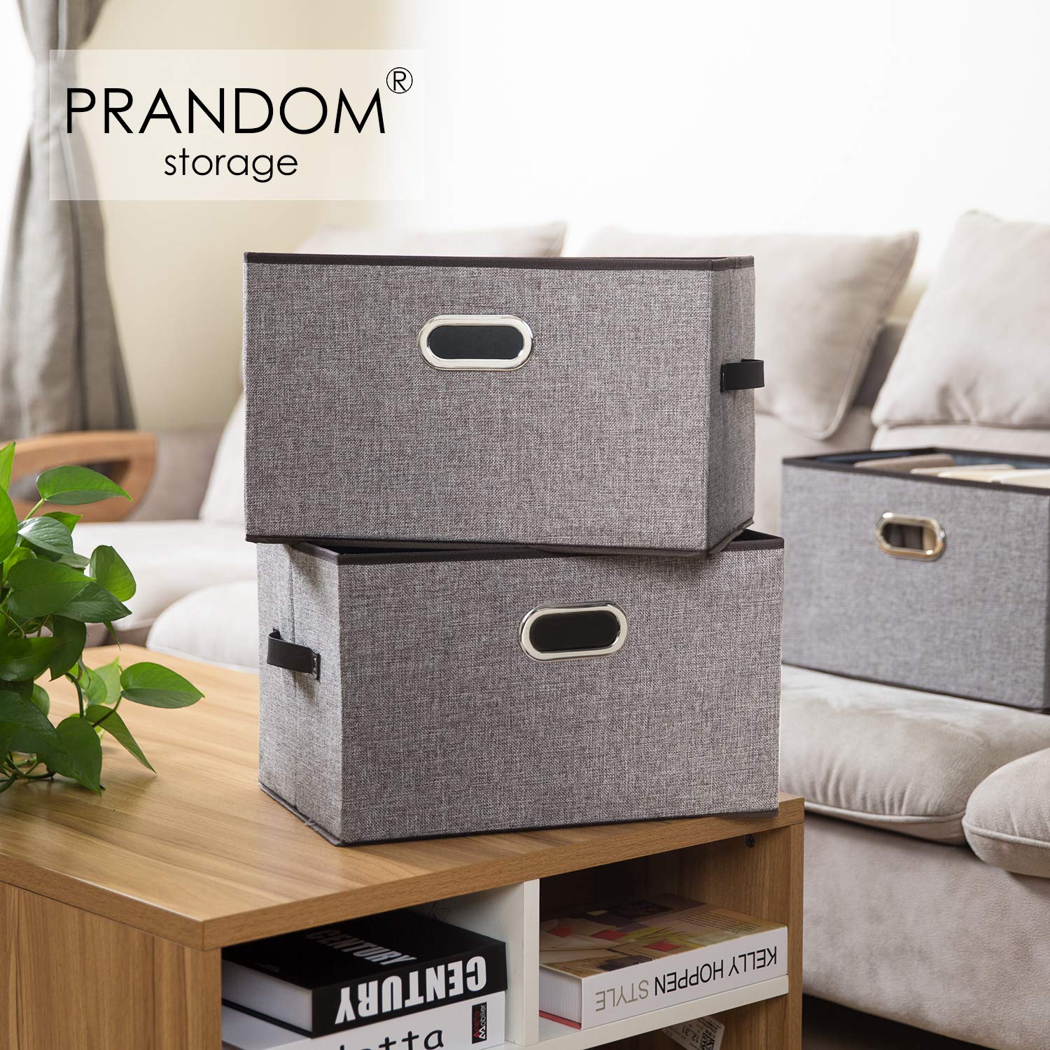 PRANDOM Large Collapsible Storage Bins 3-Pack - Linen Fabric Storage Baskets with Leather/Metal Handles for Closet, Living Room, Nursery (17.3x12.2x10.4 Inch) - Grey & Black Decorative Home Organization for Toys, Blankets, Books
