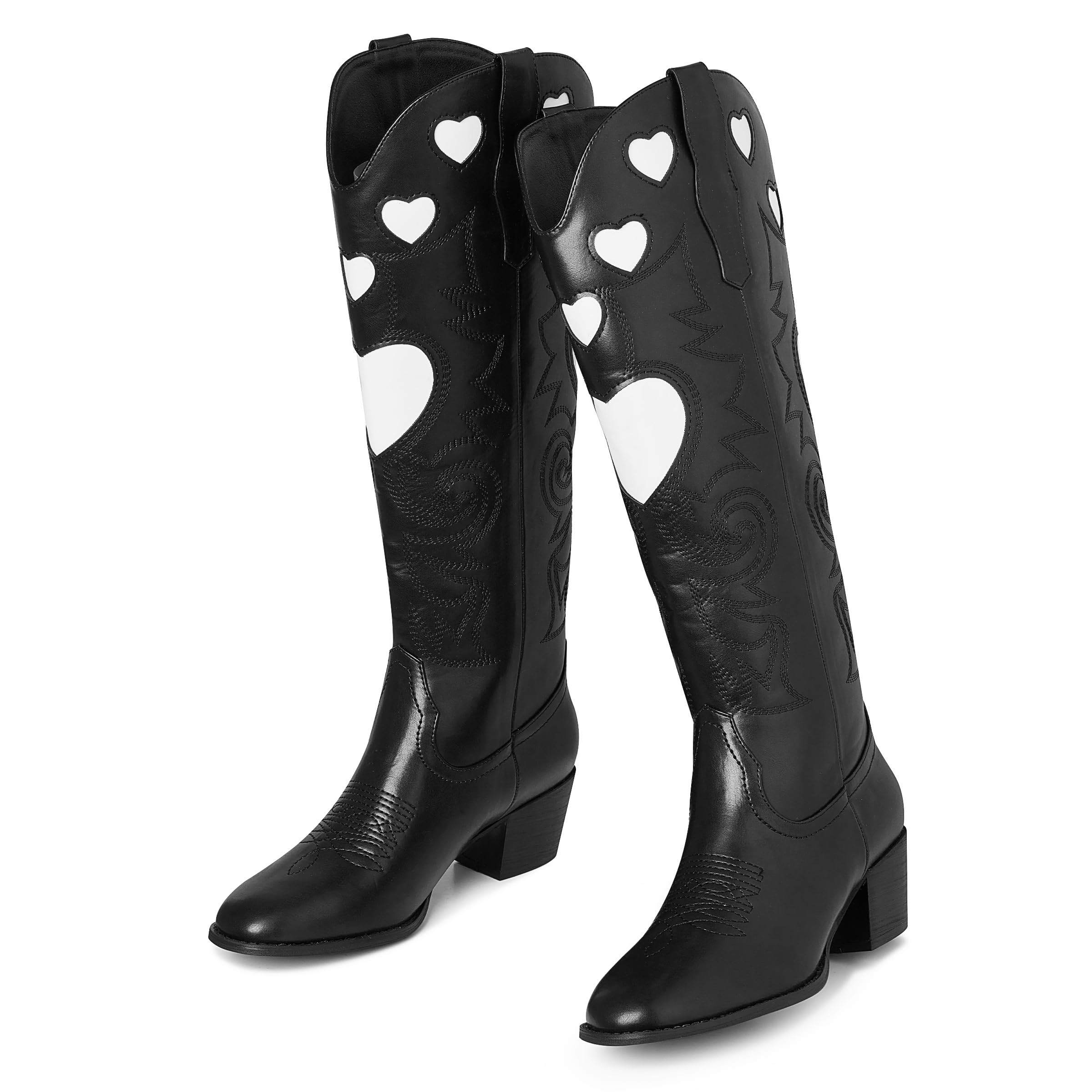 **Stylish Women's Cowgirl Boots - Heart Design Western Boots, Pointed Toe Pull-On Knee High Boots for Comfort & Fashion | Perfect for Country Rides, Concerts & Casual Outfits**