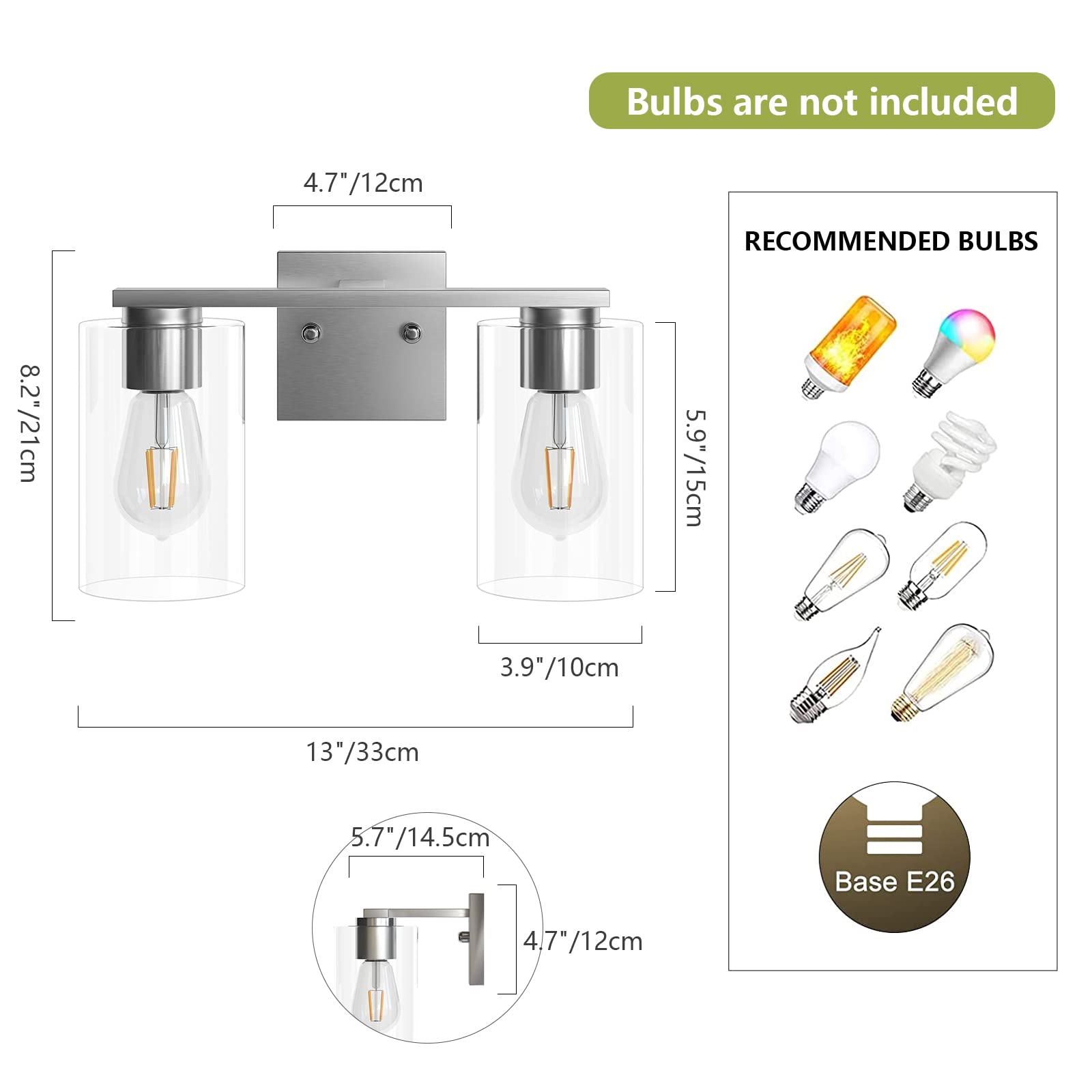 Brushed Nickel 2-Light Vanity Fixture - Modern Bathroom Wall Light with Clear Glass Shade for Mirror, Bedroom & Living Room | Dimmable LED Lighting for Makeup Vanity, Dresser & Hallway Decor