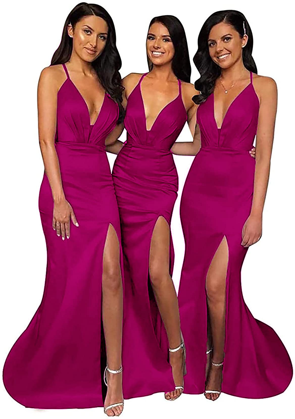 Elegant Long Satin Bridesmaid Dresses for Women - Formal Mermaid Prom Gown with V-Neck & High Slit | Perfect for Weddings, Parties & Special Occasions