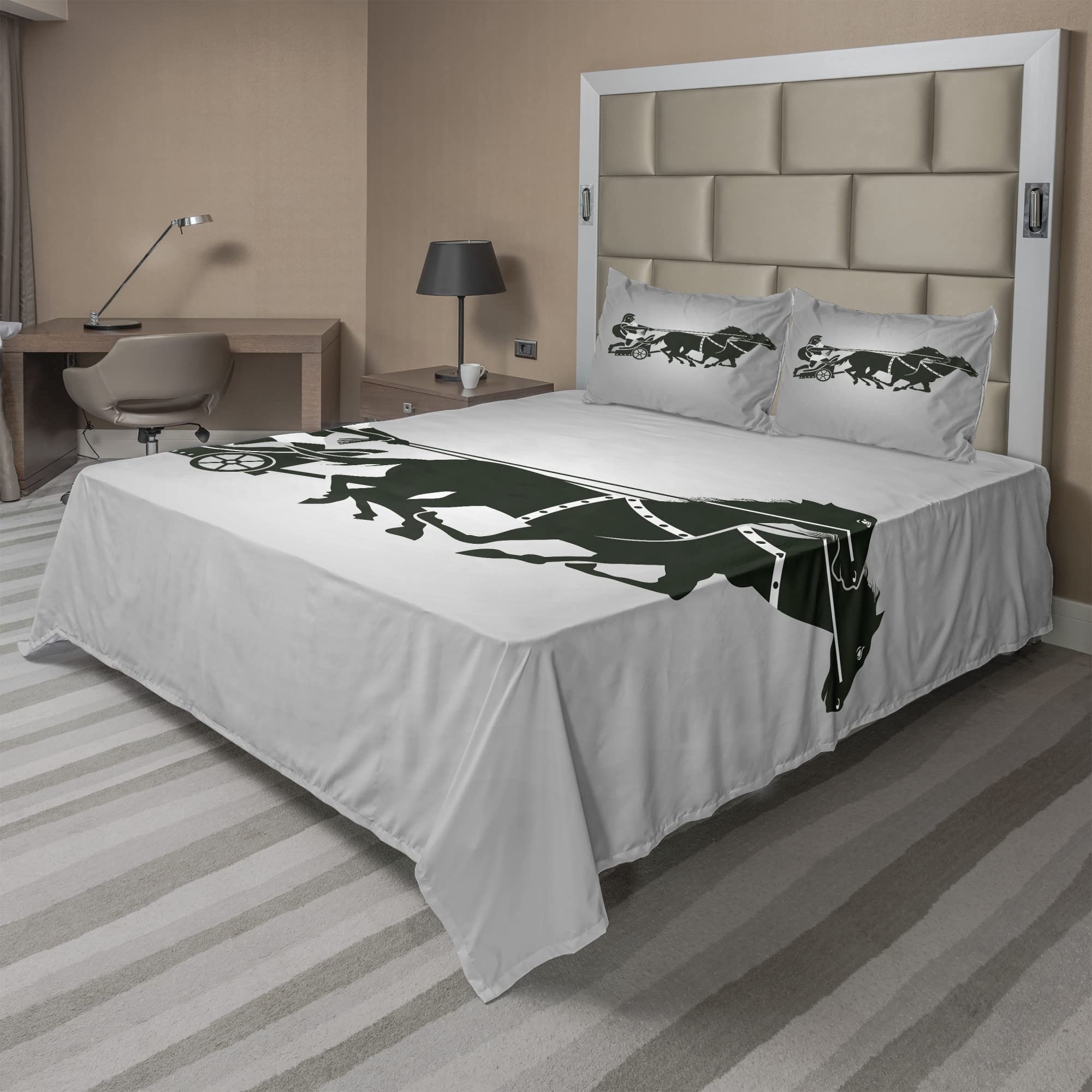 Ambesonne Vintage Horse & Rider Retro Bed Sheet Set - 4 Piece King Size with Fitted Sheet, Flat Sheet & Pillowcases - Historical Cultural Design in Dimgrey & Black - Perfect for Themed Bedrooms, Guest Rooms & Retro Home Decor