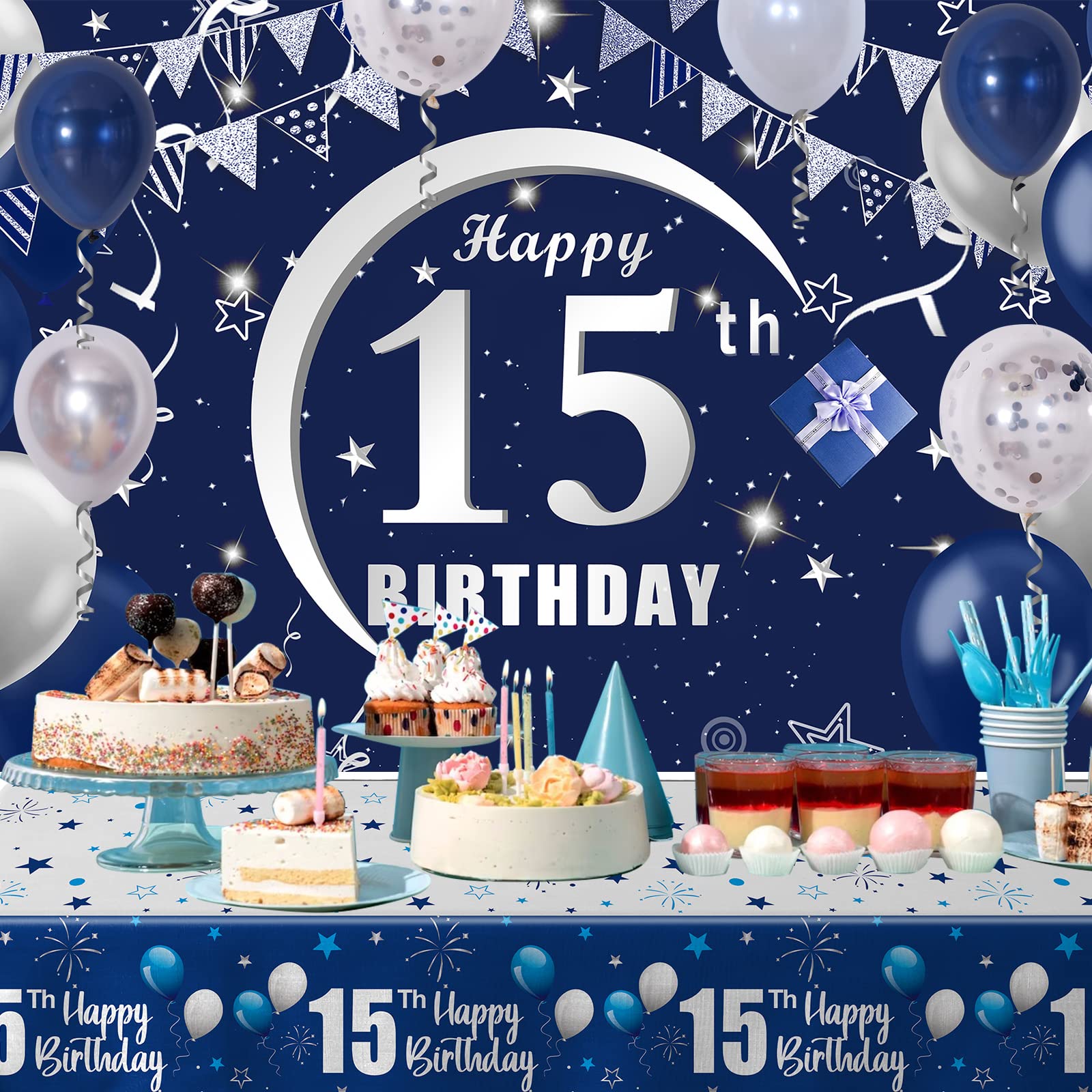 **Happy 15th Birthday Decorations Kit for Boys & Girls - Navy Blue Backdrop, Tablecloth, Balloon Garland - Perfect for Teen Birthday Parties, Sweet 16 Prep, and Milestone Celebrations**