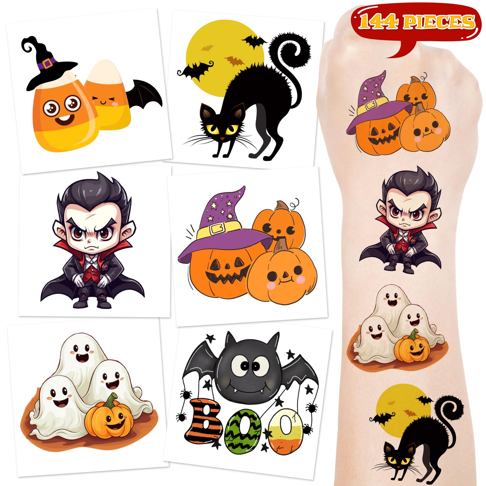 RINOLY 144 PCS Halloween Temporary Tattoos for Kids - 2 Inch Spooky Stickers, 6 Fun Designs - Perfect for Halloween Party Favors, Goodie Bags & Gifts for Boys & Girls - Great for Trick-or-Treating, Costume Parties & School Events