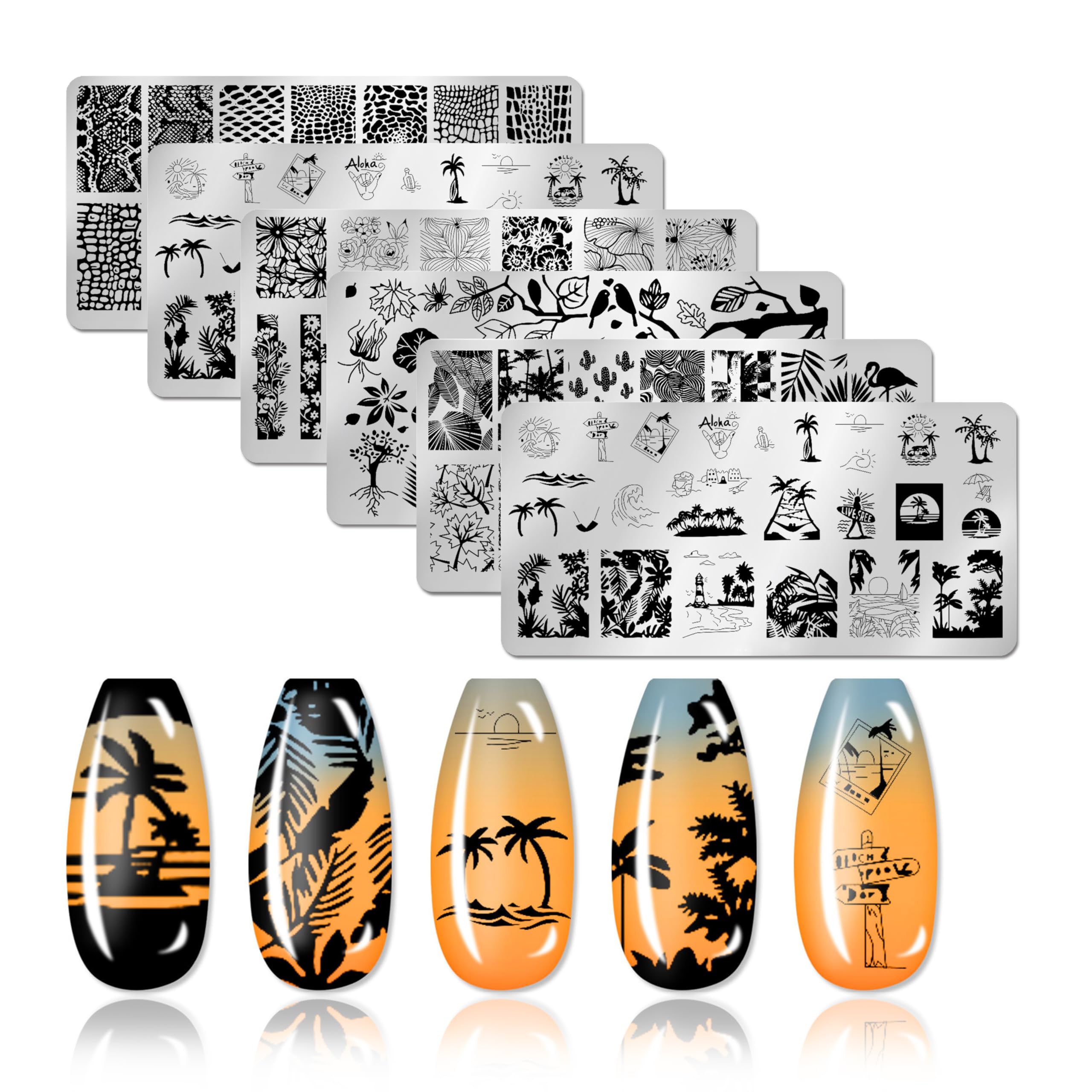 6-Piece Nature Theme Nail Stamping Plates Set - Leaf, Island, Scenery, Flower, Lace & Snake Designs for Christmas Nail Art (4.72 x 2.36 Inches) - Perfect for DIY Manicures, Holiday Nail Designs & Professional Salon Use