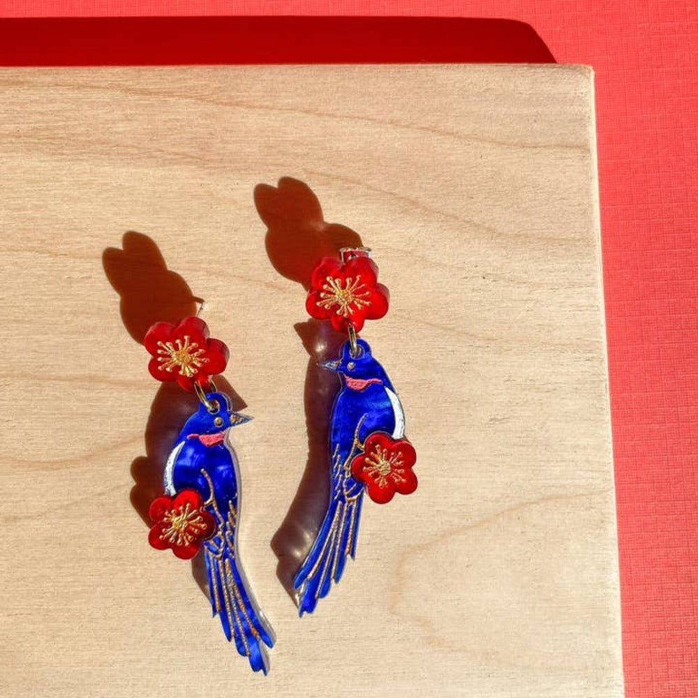 Blue Magpie Acrylic Earrings for Women - Lightweight Dangle Drop Earrings with Unique Bird Design - Perfect for Parties, Weddings & Everyday Wear