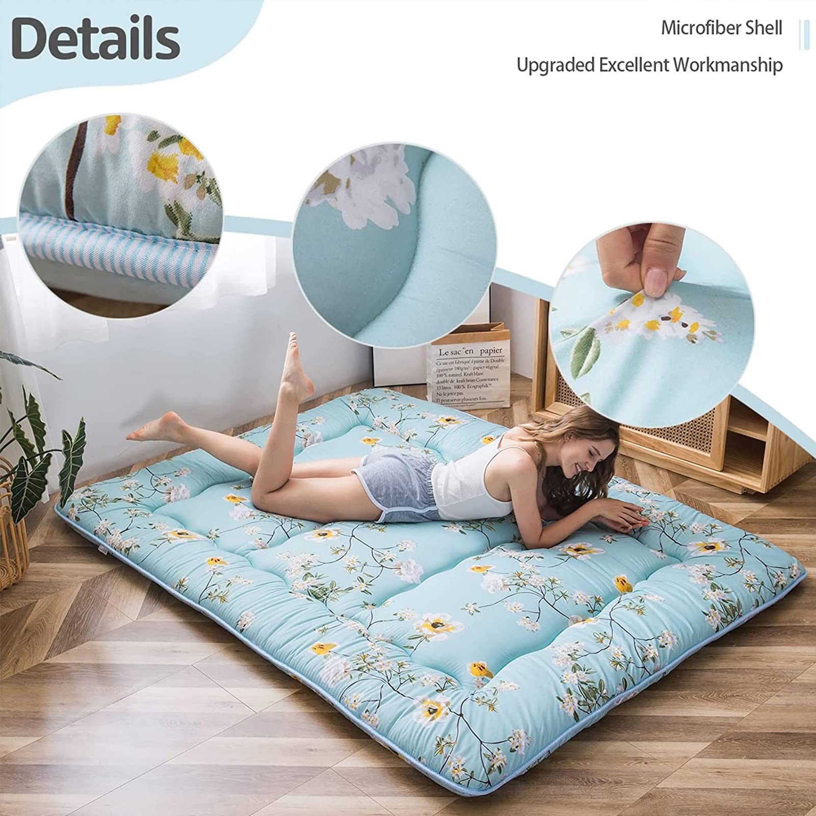MAXYOYO Rustic Floral Korean Floor Mattress | Japanese Futon Mattress | Foldable Bed Roll for Camping & Home Use | Floor Lounger & Sofa Mattress Topper | Full Size - Perfect for Guest Beds, Camping Trips & Small Space Living