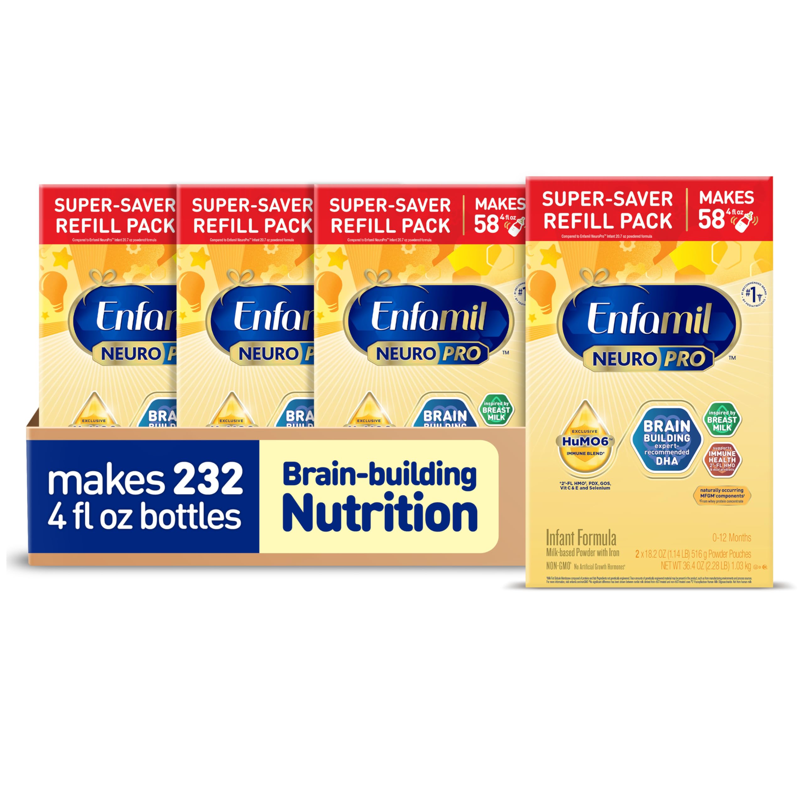 Enfamil NeuroPro Baby Formula Powder - Expert-Recommended Infant Milk with DHA & HuMO6 for Brain Development & Immune Support - 36.4 Oz (Pack of 4) - Ideal for Newborns to Toddlers, Perfect for Daycare & Travel Feeding