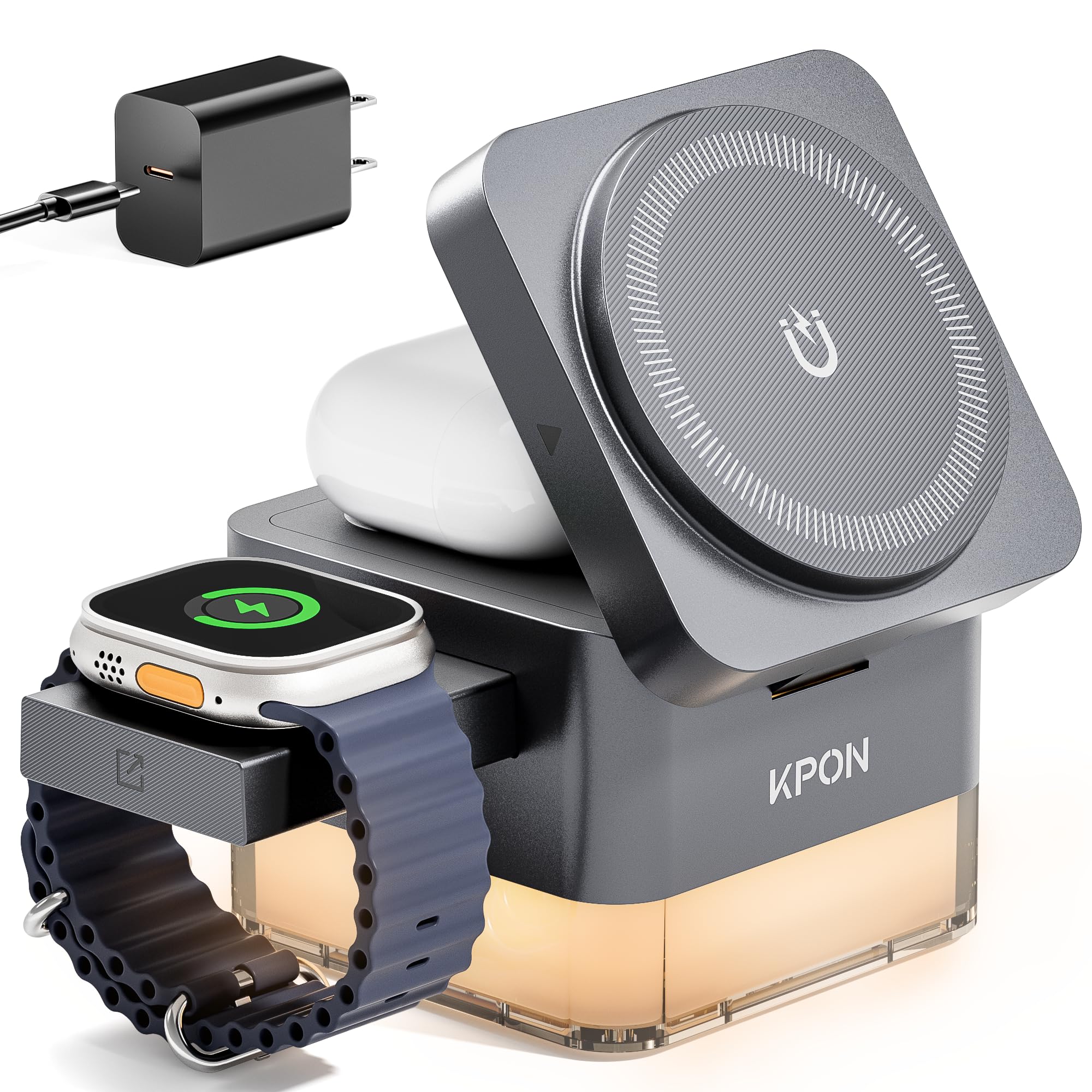 KPON 15W 3-in-1 Wireless Charging Station for iPhone 16/15/14/13/12 Series, Apple Watch & AirPods - Foldable Travel Nightstand Dock with Night Light - Compatible with Samsung Phones | Perfect for Bedroom, Office & Travel Use