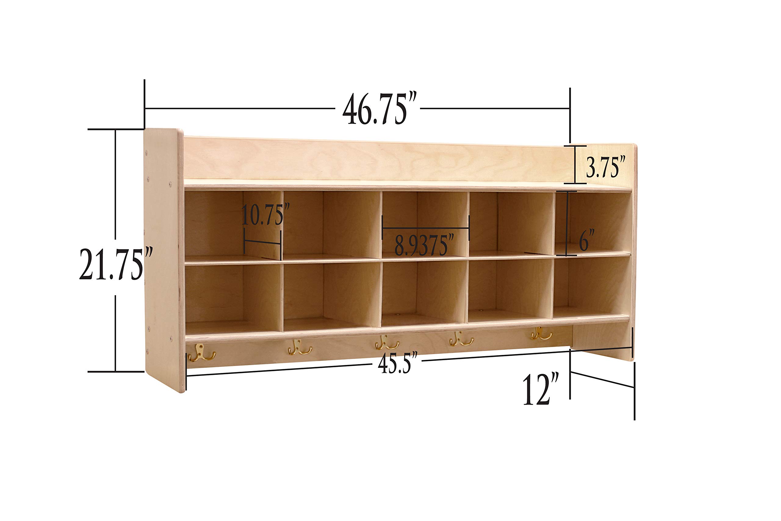 Contender 10-Section Wooden Cubbies Storage Shelf with Plastic Bins - Wall Mounted Organizer with Hooks for Kids Toys, Board Games & Craft Supplies - Greenguard Gold Certified - Perfect for Playrooms, Classrooms & Home Organization