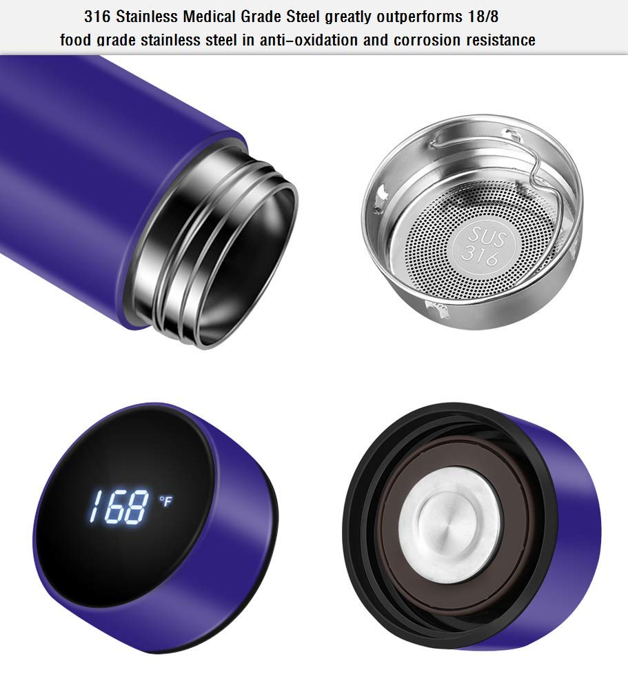 Smart LED Temperature Display Vacuum Insulated Water Bottle - 24H Hot & Cold Retention, Double Wall Stainless Steel Coffee Thermos with Tea Infuser - Perfect for Gym, Hiking, Office & Outdoor Activities (Blue)