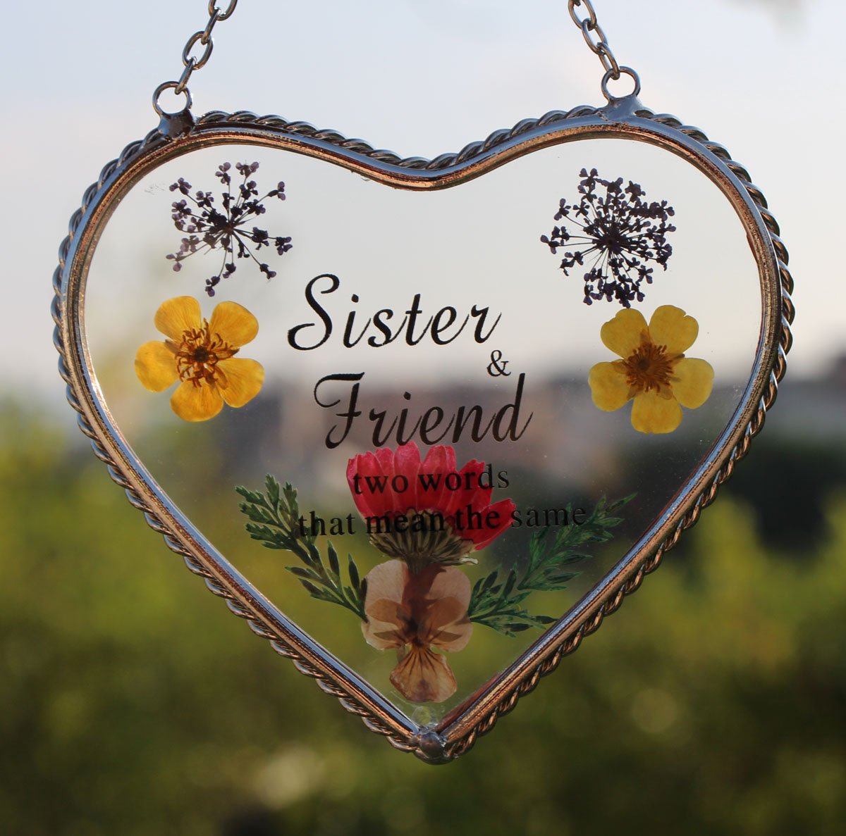 Heart Suncatcher with Pressed Flower Wings - Stained Glass Window Decor for Sister, Women & Mother's Day Gifts - Perfect for Home, Office & Nursery Decor
