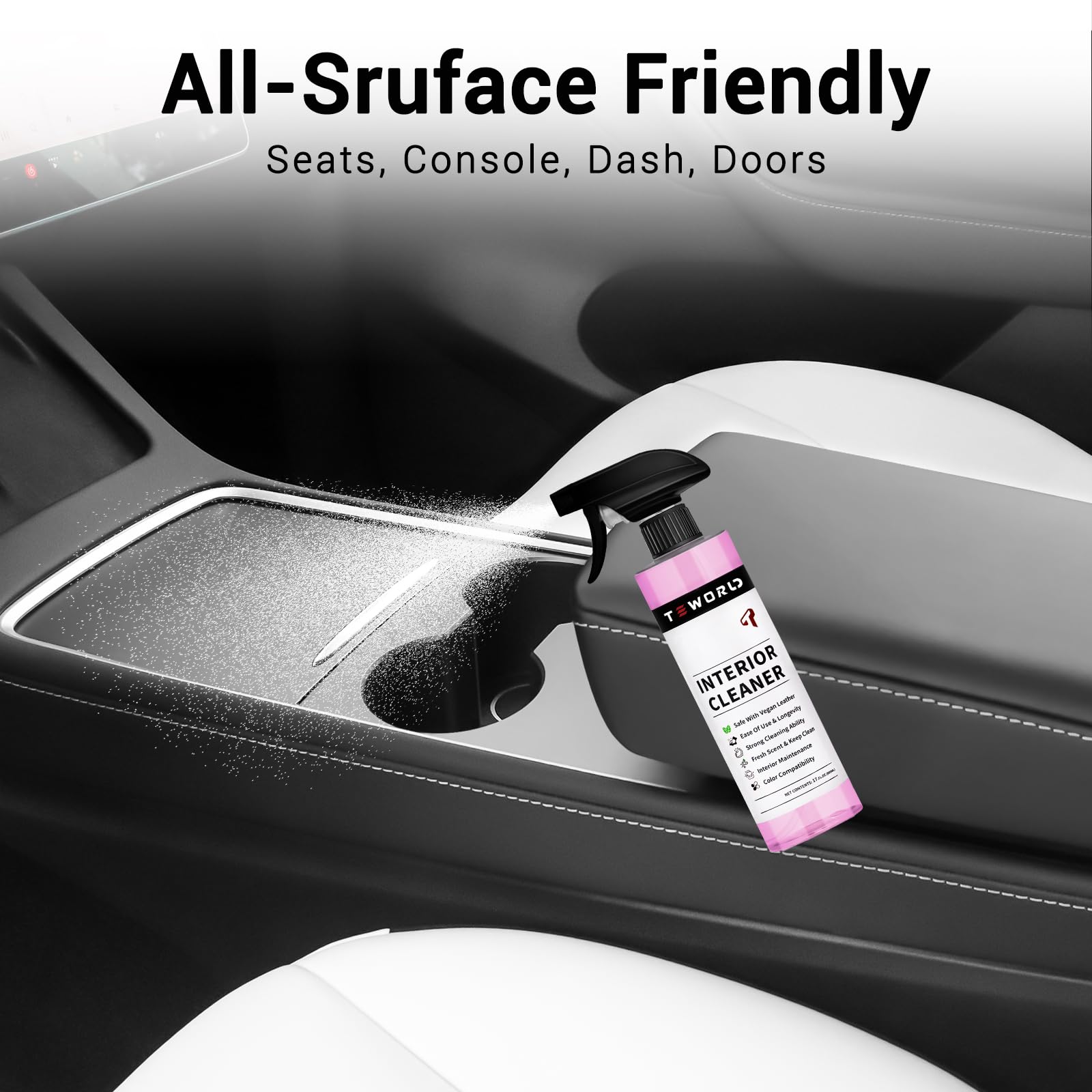 Tesla Seat Cleaner & Stain Remover - Biodegradable & Safe for White & Black Vegan Leather | Interior Cleaning for Tesla Model 3/Y/S/X Seats, Console & Dashboard | 2025 Tesla Accessories | Perfect for Daily Cleaning & Road Trips