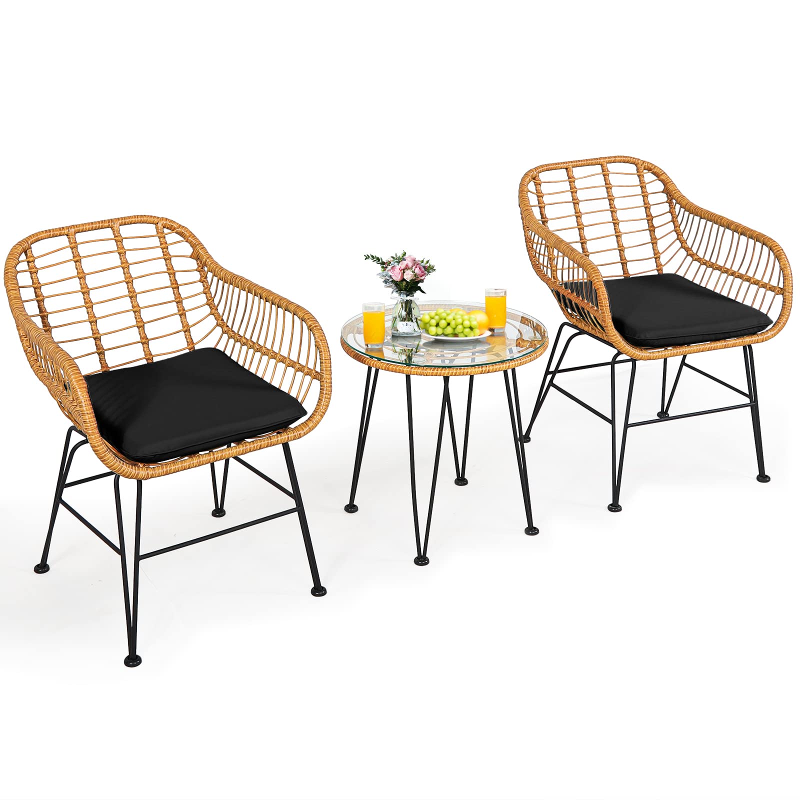 Tangkula 3-Piece Patio Bistro Set - Rattan Wicker Conversation Set with 2 Cushioned Armchairs & Round Glass Coffee Table - Indoor Outdoor Furniture for Balcony, Backyard, Garden, Poolside - Perfect for Relaxing, Entertaining & Outdoor Dining