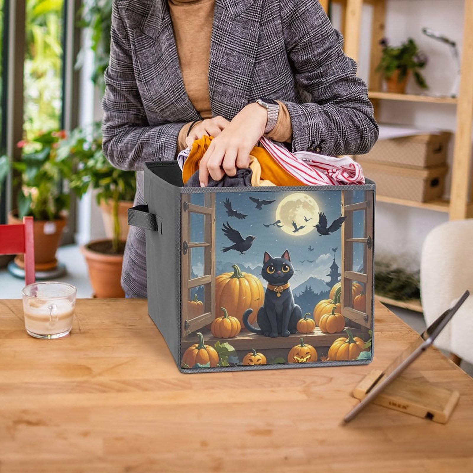 Foldable Storage Bins with Handles - Large Capacity Black Cat & Pumpkin Printed Storage Boxes for Playroom, Office, Home Organization | Perfect for Toys, Books, and Seasonal Decor Storage