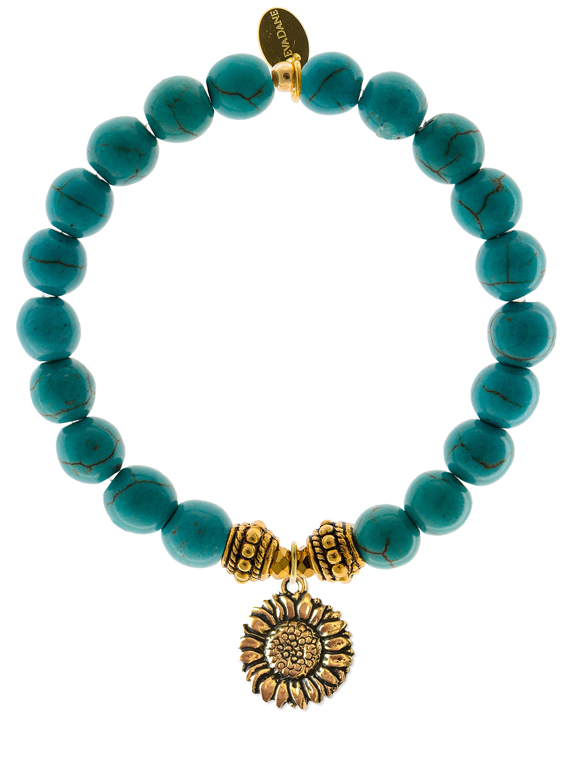 Natural Turquoise Gemstone Rope Bead Sunflower Charm Stretch Bracelet for Women - Boho Chic Handmade Jewelry for Everyday Wear & Gift Giving
