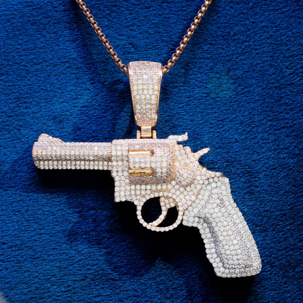 Men's Two-Tone Rose Gold Micro Pave Pistol Pendant Necklace - Perfect for Gifts, Hip Hop Jewelry & Streetwear Fashion Accessories
