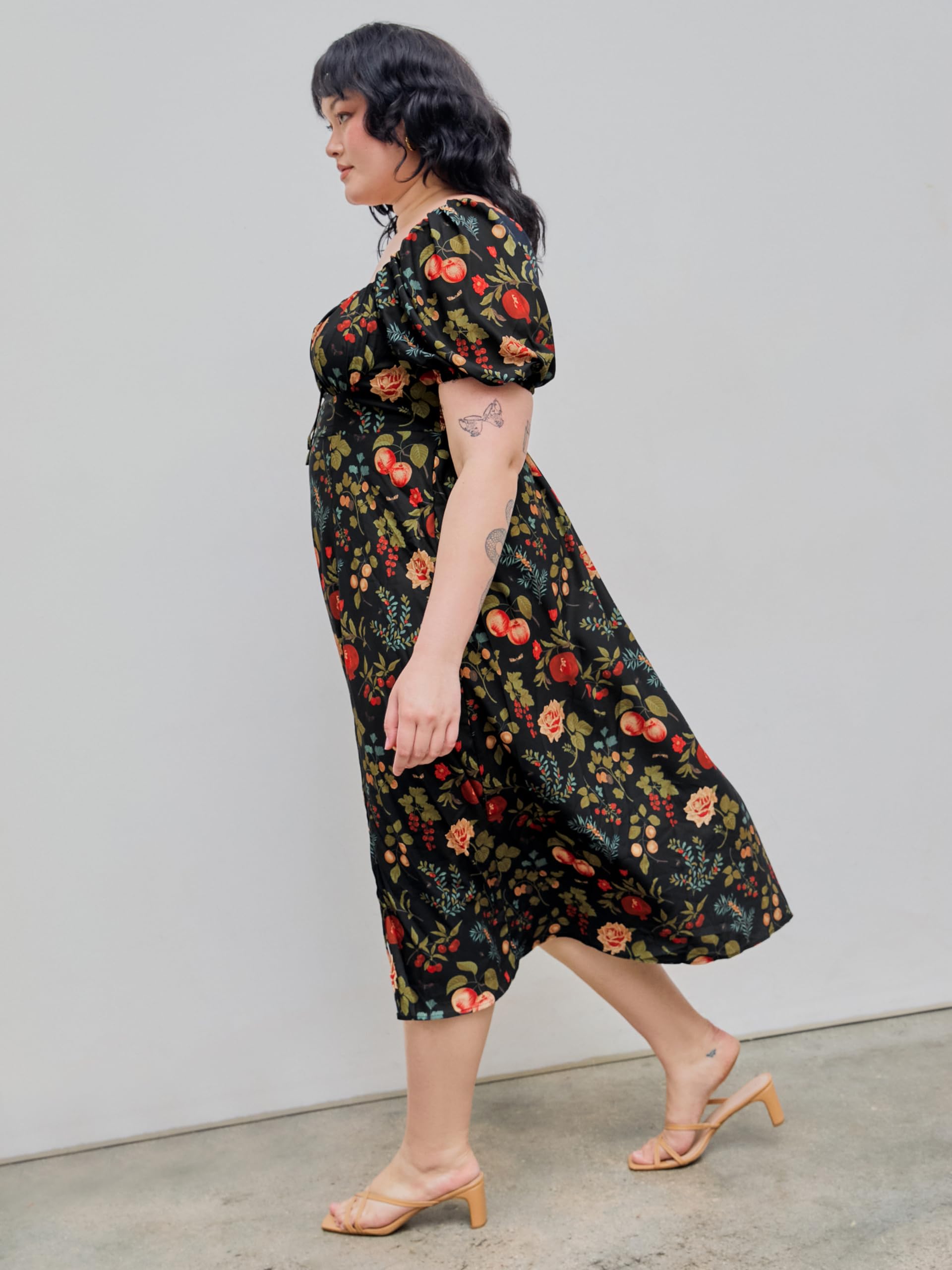 2024 Women's Plus Size CIDER Midi Dress - Floral Square Neck Puff Sleeve Summer Dress for Curvy Women | Perfect for Beach Vacations, Garden Parties & Date Nights