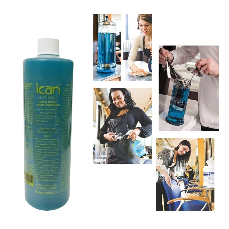 ican London Disinfectant Solution 500ml - Salon Barbicide Jars, Medical & Athletic Equipment Disinfectant (Turquoise Blue) | Ideal for Nail Salons, Barber Shops & Gym Equipment Sanitization