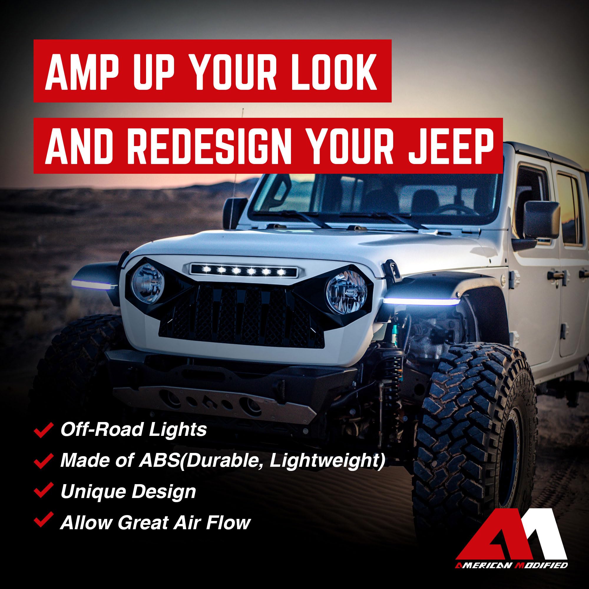 2018-2023 Jeep Wrangler JL & Gladiator JT White & Black Demon Grille with LED Off-Road Lights (Non-Trailcam Version) - Rugged Style Upgrade for Off-Roading & Jeep Enthusiasts