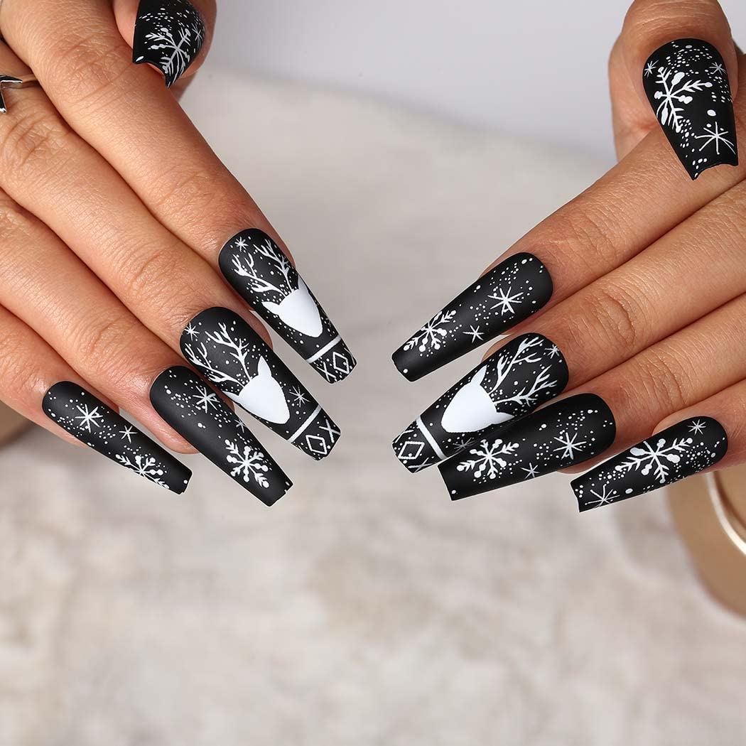 Matte Black Press on Nails Long Coffin Shape - 24Pcs Full Cover Acrylic False Nails with Snowflake & Elk Christmas Design - Elegant Ballerina Nail Tips for Women & Girls - Perfect for Holiday Parties, Gift Giving & Special Occasions (Style E)