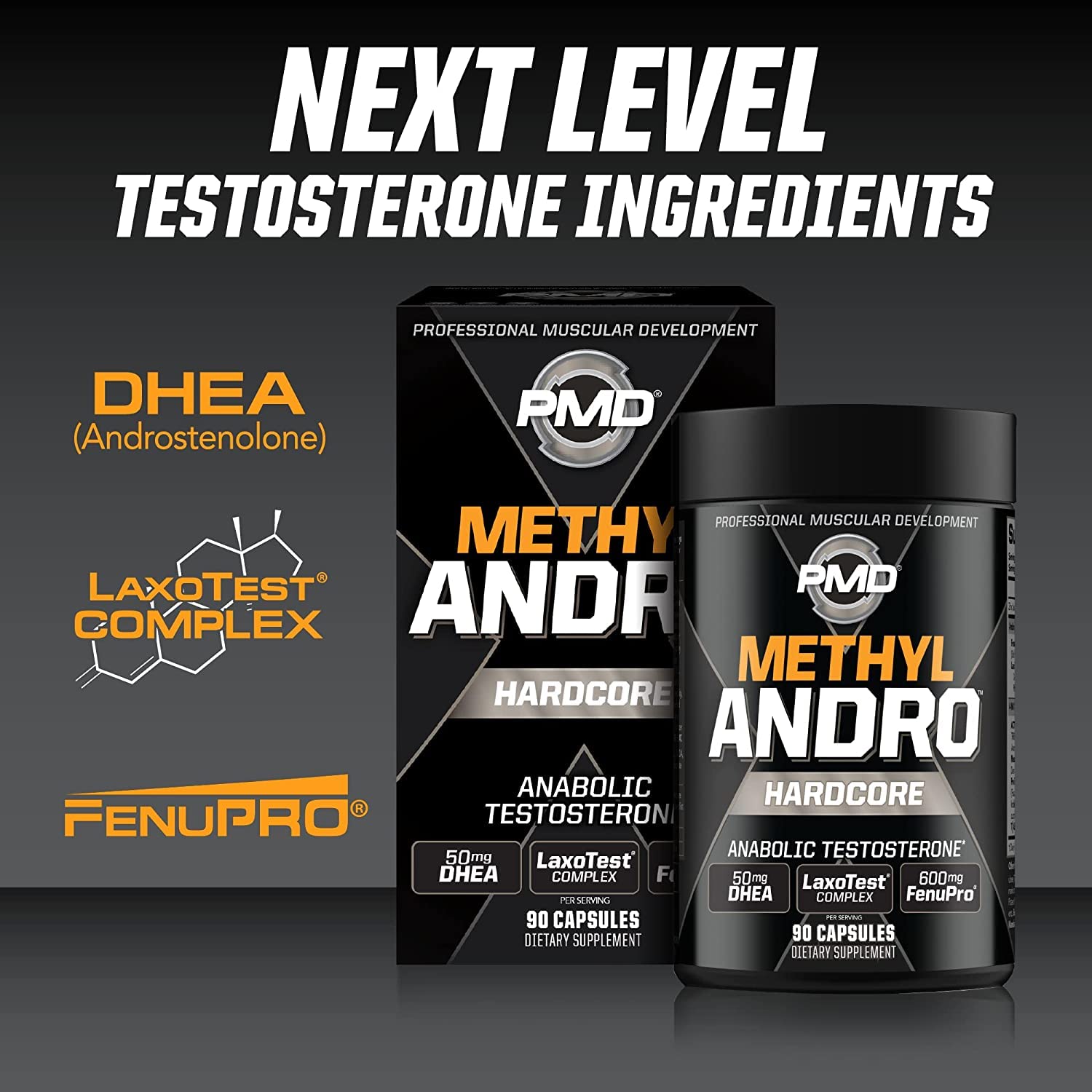 PMD Methyl Andro Hardcore - Testosterone Booster for Lean Muscle Growth & Strength - Weightlifting & Workout Performance Enhancer - 90 Capsules Dietary Supplement - Ideal for Bodybuilding, Fitness Training & Athletic Performance