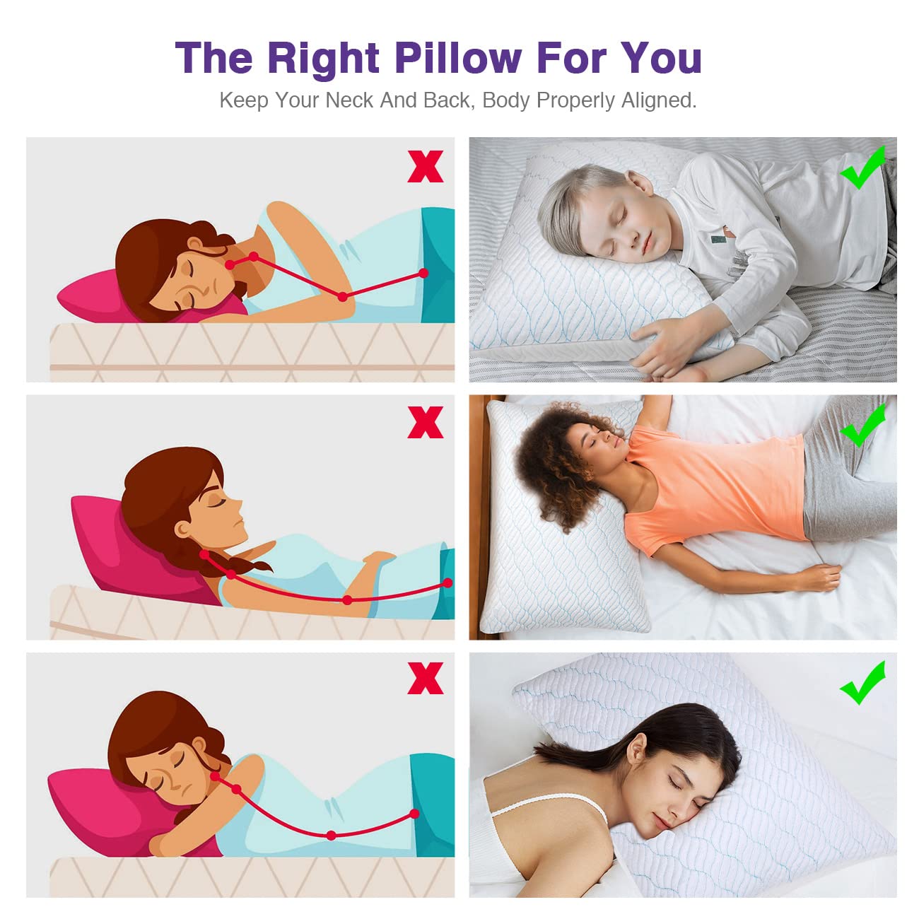 Cooling Shredded Memory Foam Pillow Set of 2 - Adjustable Firmness for Side, Back & Stomach Sleepers - Standard Size 20x26 Inches with Zipper Cover - Breathable & Pressure Relief for Hot Sleepers - Perfect for Night Sweat Relief & Neck Pain Support