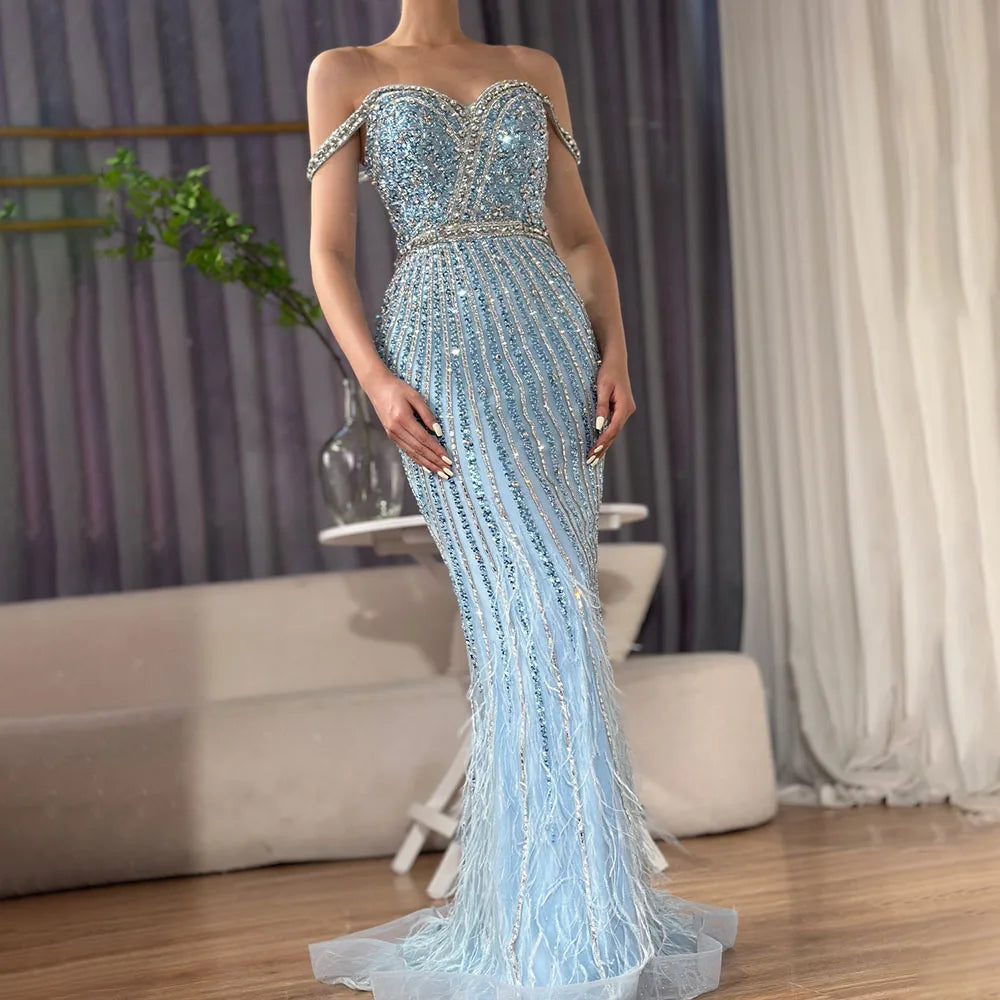 Luxury Dubai Caramel Spaghetti Strap Mermaid Gown with Feathers & Beads - Saudi Arabian Evening Dress for Formal Occasions LA72715 | Perfect for Weddings, Galas, Red Carpet Events & Special Celebrations