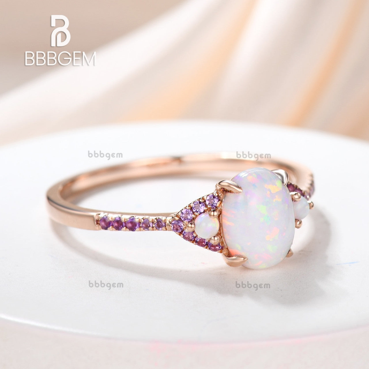 14K Oval Created Opal & Amethyst Halo Three-Stone Engagement Ring for Women | Vintage Inspired Wedding Band, Promise Ring, Anniversary Gift for Her