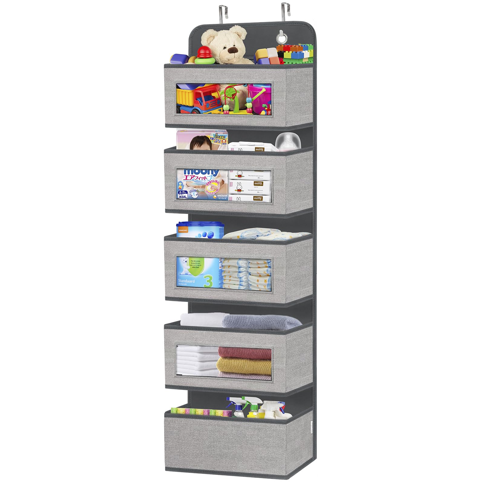 Homyfort Over The Door Hanging Organizer with 5 Large Pockets & Clear Windows - Wall Mount Storage for Pantry, Nursery, Bathroom, Kitchen, Closet & Dorm - Perfect for Diapers, Toiletries & Small Items (Grey)