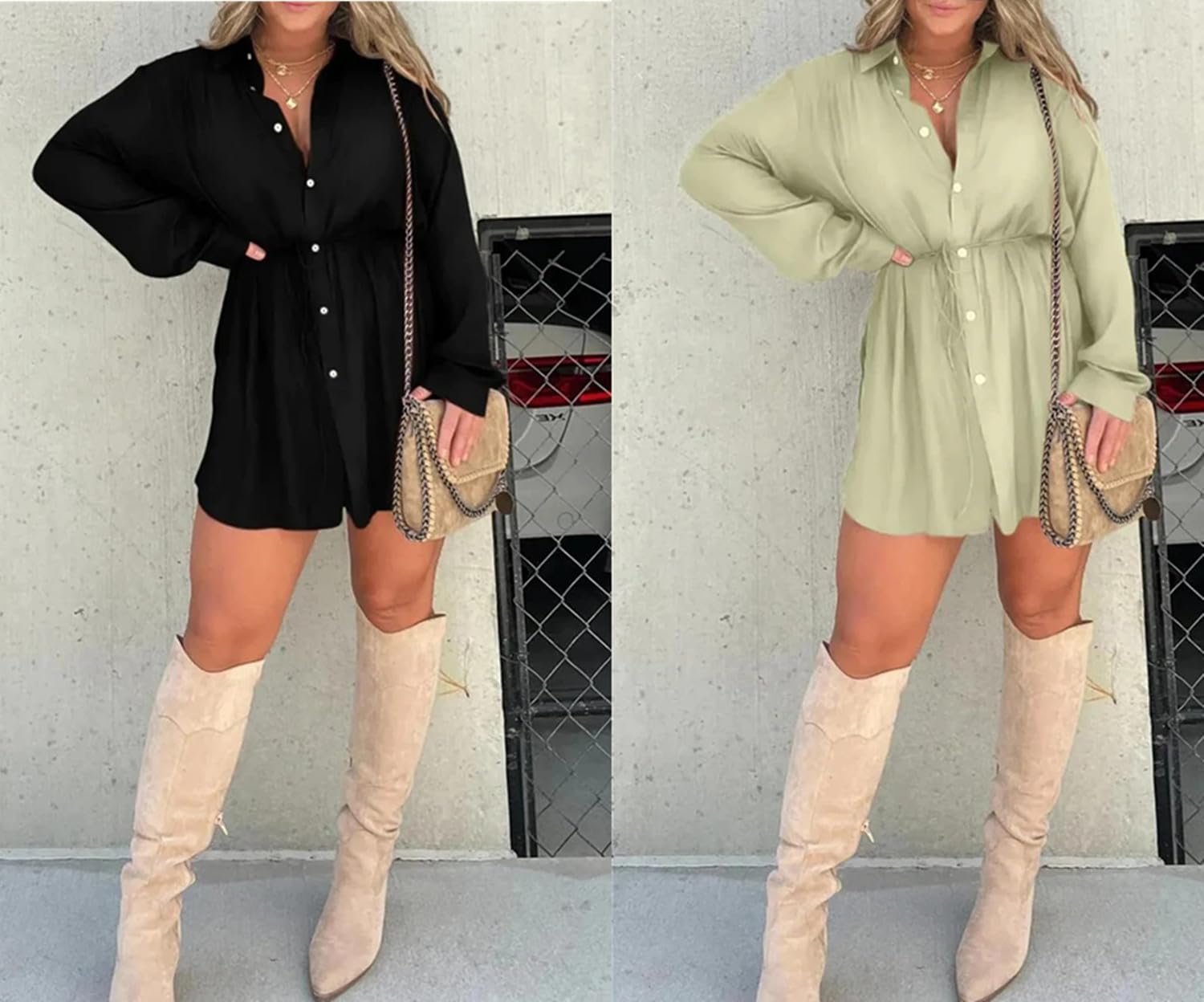 Gokame Women's Satin Romper Dress Set - Long Sleeve Button Down Shirt Dress with Shorts, Casual Solid Color Pajama Outfit for Sleepwear, Lounge Wear & Night Out