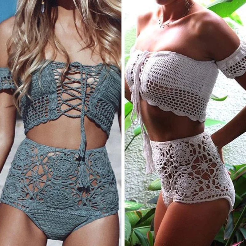 Crochet High Leg Bandeau Bikini Set - Women's Two Piece Swimwear High Waist Bikini Bathing Suit | Beach Vacation, Pool Party, Summer Fashion