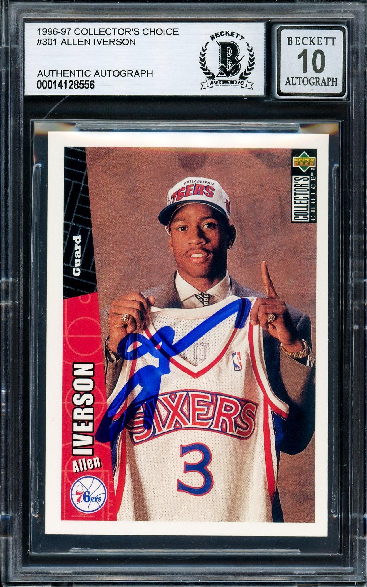 Allen Iverson Autographed 1996-97 Upper Deck Collector's Choice Rookie Card #301 - Philadelphia 76ers - Beckett BAS Gem Mint 10 Grade - Stock #205776 - Perfect for NBA Memorabilia Collectors and 76ers Fans Display