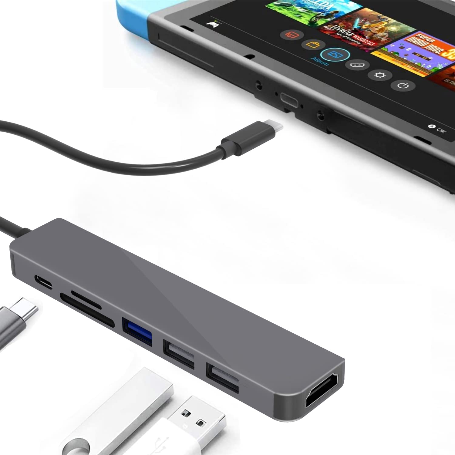 USB-C Hub Multiport Adapter 6-in-1 with 4K HDMI, USB 3.0, SD/TF Card Reader - Compatible with Nintendo Switch/OLED, MacBook, iPad Pro & Laptops - Perfect for Work, Gaming & Travel
