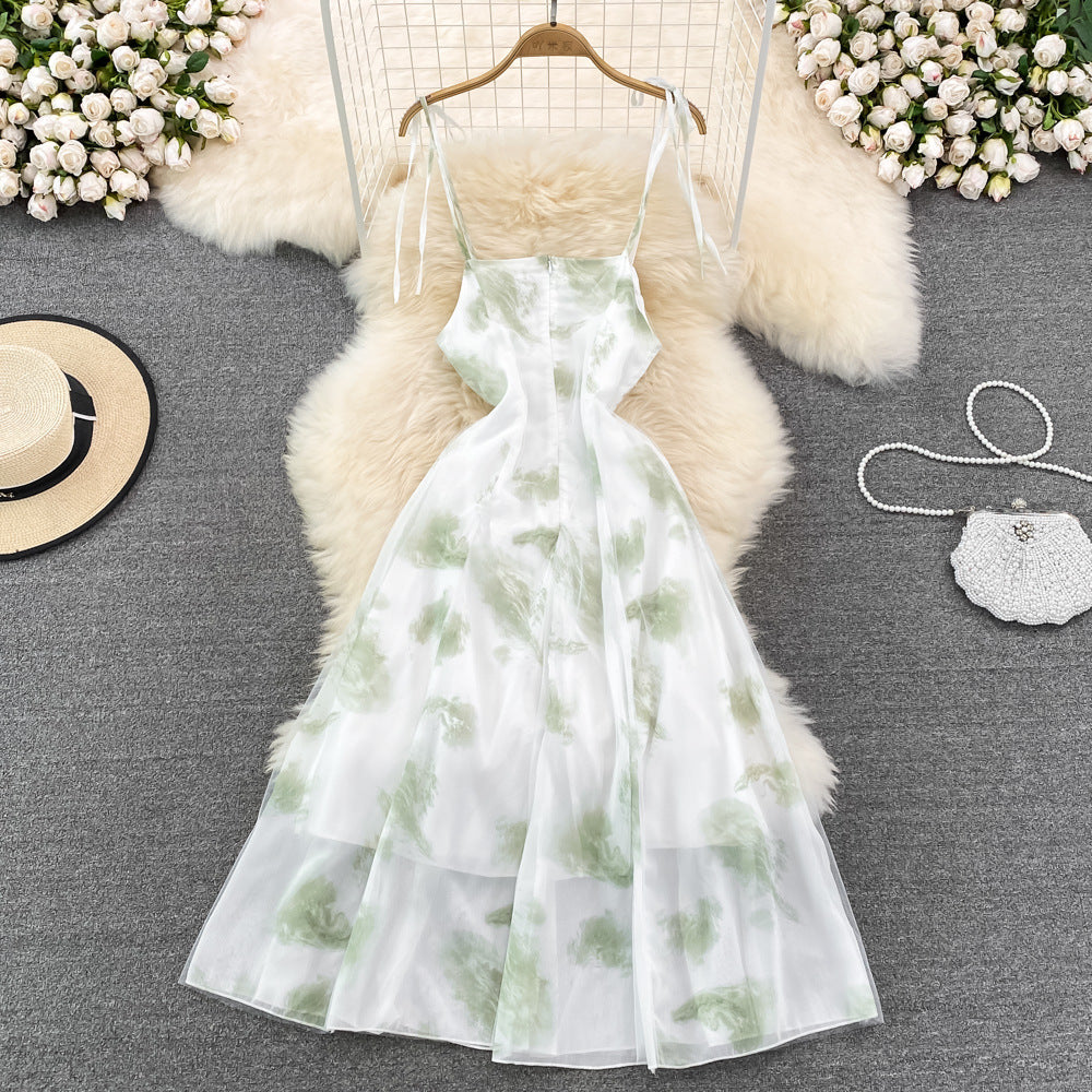 Elegant Sleeveless Backless Chiffon Dress with Thin Straps & Floral Print - Perfect for Summer Beach Parties, Weddings & Evening Events
